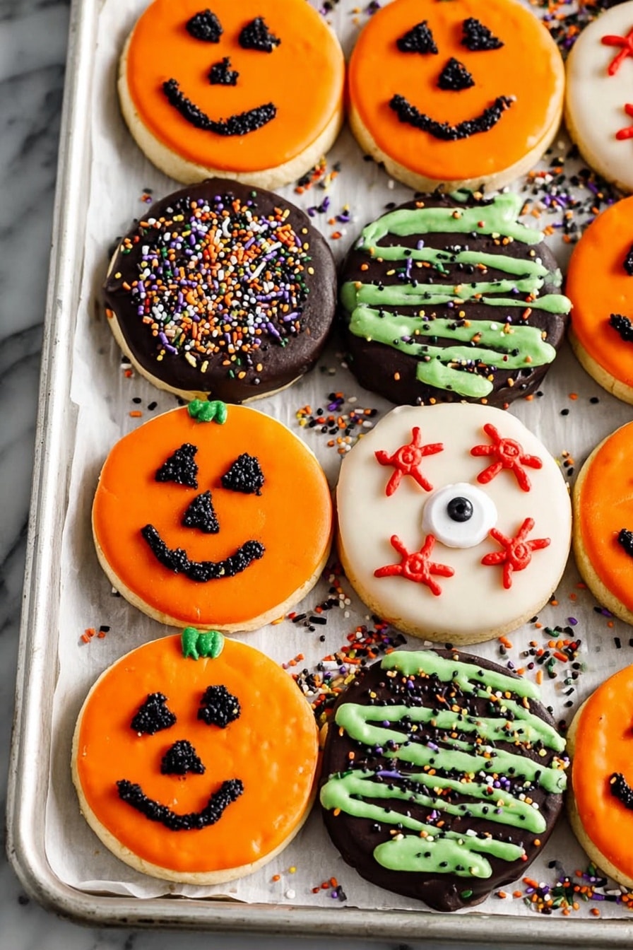 Halloween Candy Melt Oreo Chocolate Molded Treats, Halloween candy melts, Oreo dessert ideas, Halloween party treats, easy Halloween recipes - Three kinds of round cookies are shown on a baking tray lined with white parchment paper over a white marbled surface. The first kind has a solid bright orange icing base with black icing faces that look like jack-o'-lanterns, with two triangular eyes, a nose, and a smiling mouth. The second kind has a smooth white icing base topped with a small, round white candy with a black dot in the center, red icing lines coming out from the candy like spider legs. The third kind has a dark chocolate base with thick green icing drizzled diagonally over the top and multi-colored sprinkles scattered across the icing and tray. The cookies are closely arranged, and there are loose sprinkles of black, white, green, orange, and purple around them. photo taken with an iphone --ar 2:3 --v 7