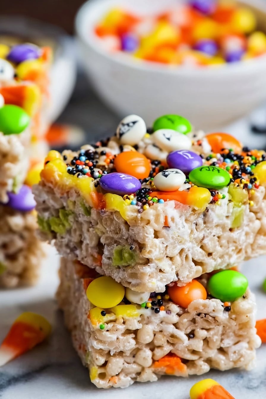 Halloween Rice Krispies Treats, Halloween dessert ideas, festive Rice Krispies treats, no-bake Halloween treats, easy Halloween treats - The image shows a close-up of three square crispy rice treats stacked on top of each other. Each treat has visible layers of light beige crispy rice mixed with melted white marshmallow that creates a sticky texture. On top, colorful candy pieces, including candy corn in yellow, orange, and white, as well as green and orange M&M-like chocolates and small colorful sprinkles in black, purple, green, and orange, decorate the surface. The treats sit on a white marbled surface with more colorful candy pieces in clear white bowls blurred in the background. Photo taken with an iphone --ar 2:3 --v 7