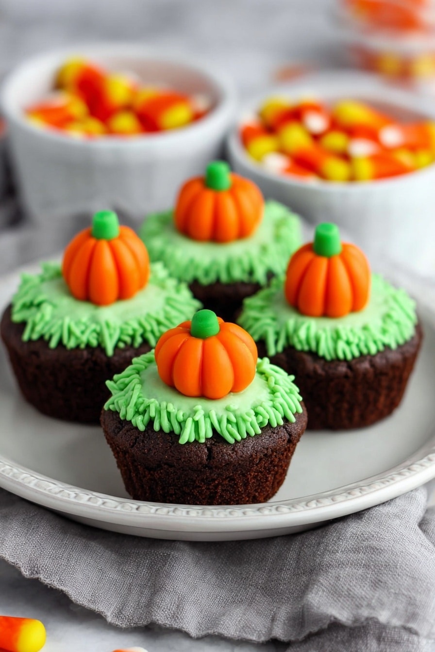 Pumpkin Patch Brownie Bites, fall treats, bite-sized dessert, Halloween party snacks, pumpkin dessert ideas - The image shows four small dark brown cupcakes placed closely on a white plate with a dotted edge. Each cupcake has a textured green frosting layer on top, piped to look like grass, and a small orange pumpkin-shaped candy with green detail in the center. The plate sits on a gray cloth on a white marbled surface. In the blurred background, two white bowls contain more orange pumpkin-shaped candies. The scene is bright with soft lighting highlighting the colors and textures. Photo taken with an iphone --ar 2:3 --v 7
