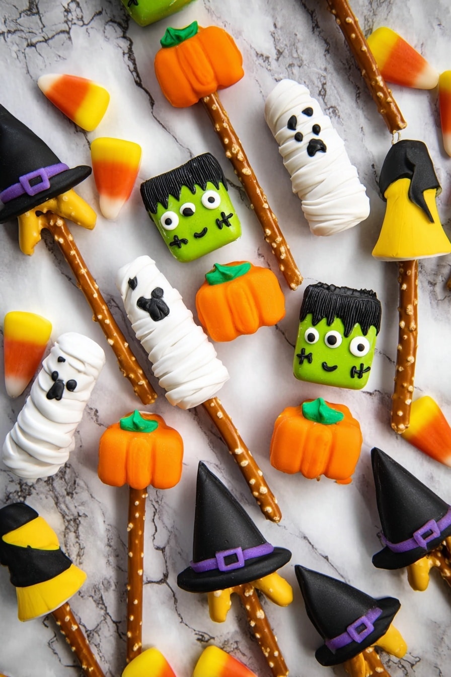 Halloween Pretzels with Fondant Decorations, festive Halloween treat ideas, easy Halloween snack recipes, chocolate pretzel Halloween decorations, spooky fondant desserts - The image shows a collection of Halloween-themed treats made with pretzel sticks as handles, each topped with different colorful fondant or candy shapes. There are orange pumpkin shapes with green stems, white mummy heads with black eyes wrapped in white fondant bands, green Frankenstein faces with black hair and stitched mouths, yellow and white candy corn shapes with an orange base, black bats with yellow eyes, and black witch hats with purple bands. The pretzels are scattered on a white marbled surface, creating a festive and playful arrangement. photo taken with an iphone --ar 2:3 --v 7