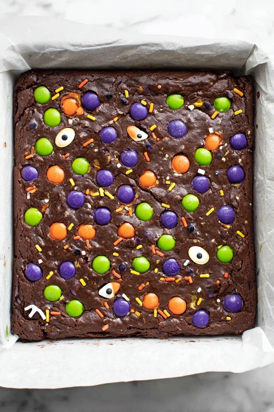The Best Halloween Brownies, Halloween Brownies, Festive Brownie Recipes, Fudgy Halloween Desserts, Easy Halloween Treats - A square, thick chocolate brownie sits on a sheet of white parchment paper inside a white baking pan. The brownie has a rich brown color with a slightly cracked top, scattered generously with colorful round purple, green, and orange candy-coated chocolates. There are also small black, orange, green, and purple sprinkles, along with a few small white candy shapes and pairs of candy eyeballs spread unevenly across the surface. The brownie edges are firm and the texture appears dense and fudgy. The baking pan rests on a white marbled surface. Photo taken with an iphone --ar 2:3 --v 7