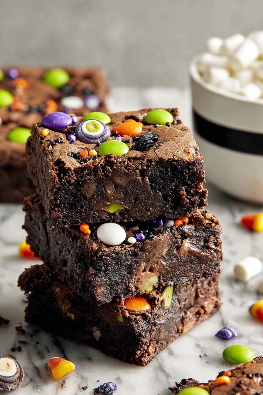 The Best Halloween Brownies, Halloween Brownies, Festive Brownie Recipes, Fudgy Halloween Desserts, Easy Halloween Treats - The image shows three stacked chocolate brownies with a soft, crumbly texture. Each brownie is dark brown and decorated on top with colorful candy pieces in green, orange, purple, and white, along with small orange, black, green, and purple sprinkles scattered across. The top layer has a slightly cracked surface revealing the rich, dense inside. The brownies are on a white marbled surface, and in the background, there is a white bowl with a black stripe filled with white candy pieces. Photo taken with an iphone --ar 2:3 --v 7