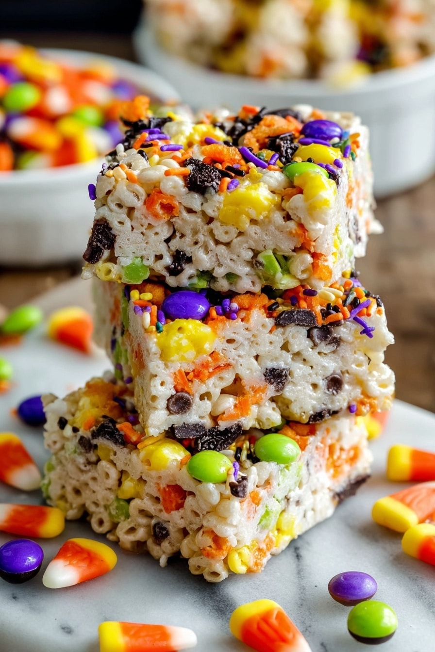 Halloween Rice Krispies Treats, Halloween dessert ideas, festive Rice Krispies treats, no-bake Halloween treats, easy Halloween treats - The image shows a stack of three square rice cereal treat bars. Each bar is creamy white with a sticky texture and has colorful candy pieces mixed throughout. The candies include bright orange, yellow, purple, green, and black sprinkle bits, as well as candy corn and small round chocolate-coated candies in orange, green, purple, and yellow. The bars have a bumpy surface with some melted chocolate pieces visible. Around the base, more candy-coated chocolates and candy corn pieces are scattered, all on a white marbled surface with blurred white bowls holding more candies in the background. Photo taken with an iphone --ar 2:3 --v 7