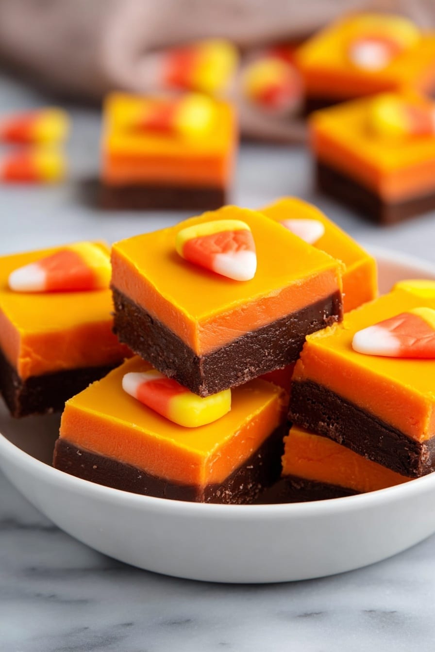 Halloween Fudge, Halloween Fudge Recipe, festive fudge treats, easy Halloween desserts, no-bake Halloween fudge - A white bowl filled with square layered treats, each having two distinct layers: a thick dark brown bottom layer and a vibrant orange top layer. On the very top of each square is a small candy shaped like a candy corn, featuring three colors: yellow at the base, orange in the middle, and white at the tip. The bowl sits on a white marbled surface. In the background, parts of more treats and candy can be seen, softly blurred. photo taken with an iphone --ar 2:3 --v 7