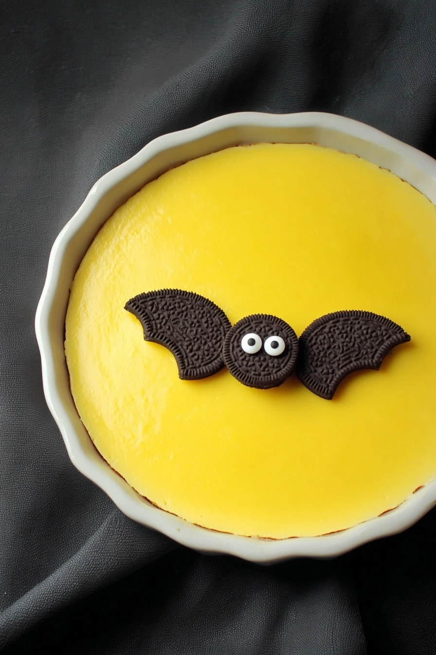 No Bake Boston Cream Halloween Pie, Halloween dessert, no bake pie recipe, easy Halloween treats, festive pumpkin pie - The dish is a round cake with a smooth, bright yellow layer of icing covering the top. On the surface, there are two small bat decorations made from dark chocolate sandwich cookies, with each bat having half of the cookie as wings and small white candy eyes placed in the middle of the bat shape. The cake sits inside a white bowl, and the background has a white marbled texture. photo taken with an iphone --ar 2:3 --v 7