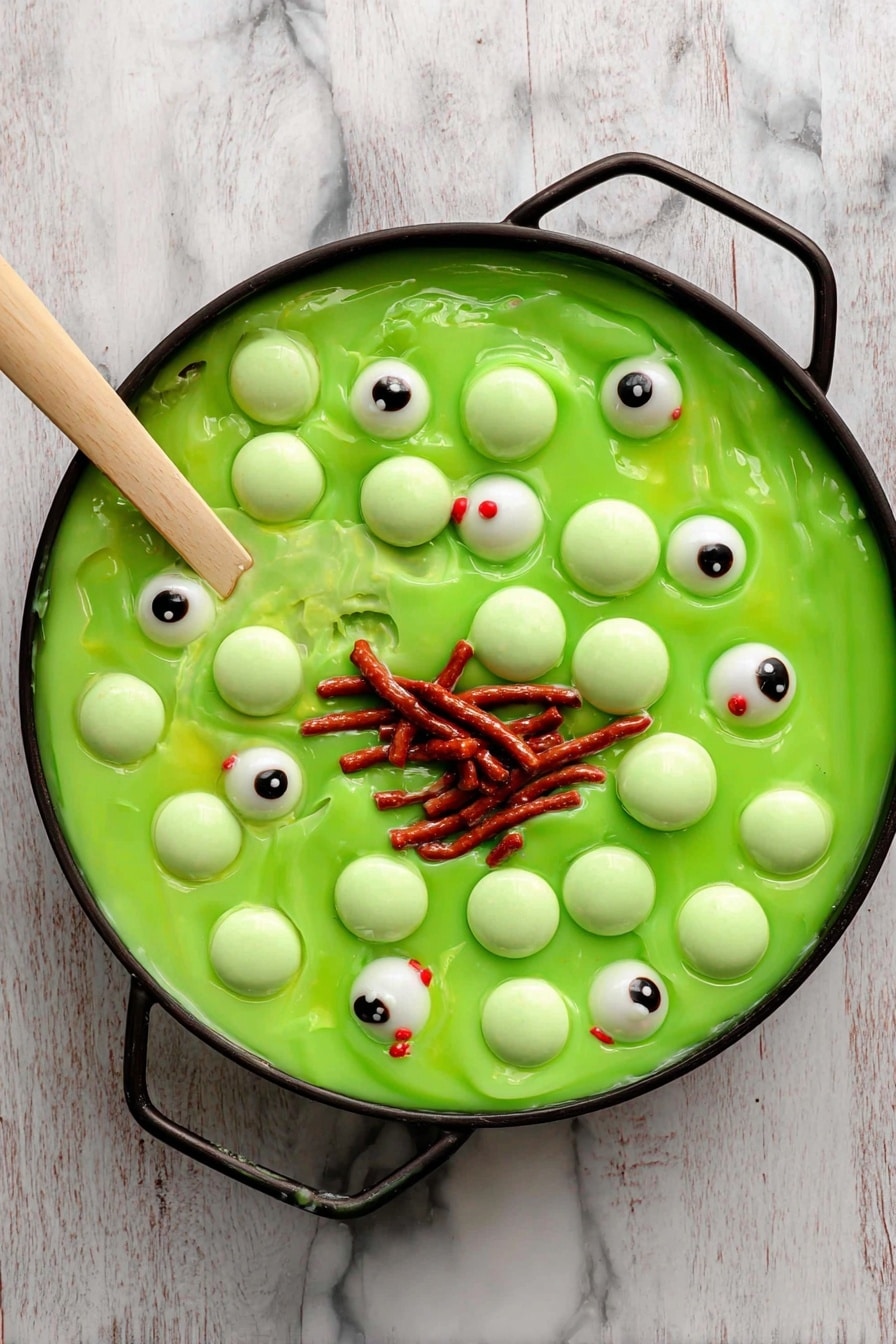 Witches Brew Halloween Trifle, Halloween dessert ideas, spooky trifle recipes, Halloween party desserts, creepy Halloween treats - This image shows a large black bowl and a small clear glass bowl filled with a green, slimy jelly-like dessert. Both bowls have a layer of bright green bubbles on top, resembling slime, with several candy eyeballs scattered among the green bubbles. In the center of the green layer, there is a cluster of reddish-brown licorice sticks that look like worms. The bowls rest on a wooden surface, and a spoon is placed in the smaller bowl with one licorice sticking onto it. The overall look is playful and spooky, like a Halloween treat. Photo taken with an iphone --ar 2:3 --v 7