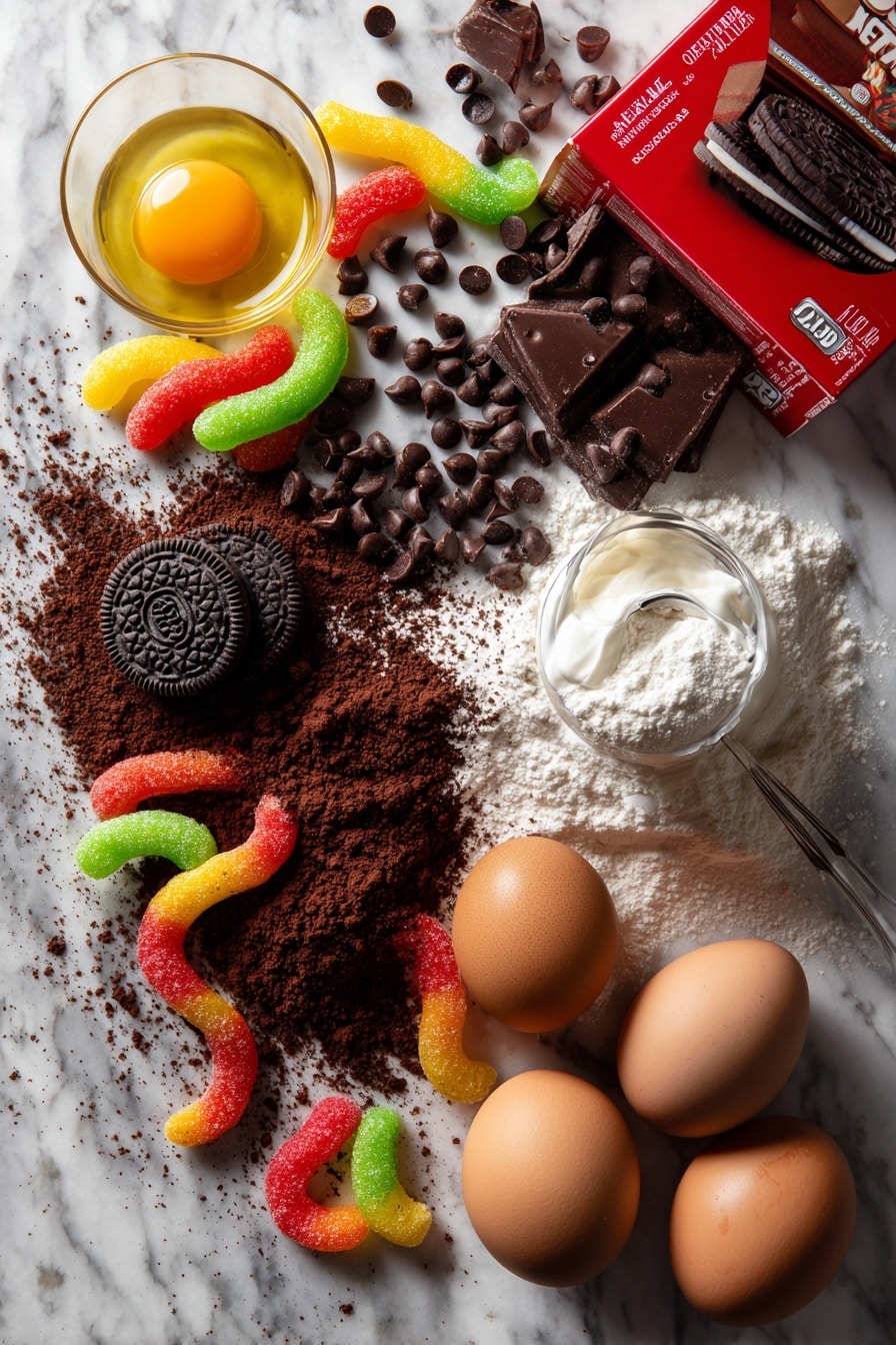 Dirt and Worm Cake Mix Cookies, fun kid-friendly cookies, chocolate ganache cookies, no-bake worm cookies, easy party dessert - Flat lay of rich dark chocolate cake mix box with deep brown powder spilling slightly, glossy semi-sweet chocolate chips gleaming with smooth texture, creamy white heavy cream in a small glass pouring stream, whole black and white crushed Oreo cookies showcasing their cookie texture and creamy filling, vibrant gummy worms in bright red, orange, yellow, and green colors coiled and intertwined, two large brown eggs with smooth shells, golden vegetable oil glistening in a small puddle, all naturally arranged in a casual yet artistic spread, placed on white marbled surface, photo taken with an iphone --ar 2:3 --v 7