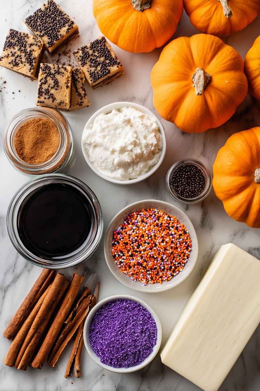 Halloween Pumpkin Spice Cookie Cake, pumpkin spice cookie cake, festive Halloween cookie dessert, fall cookie cake with frosting, spooky pumpkin dessert - Flat lay of bright orange pumpkin, golden brown raw cookie dough chunks speckled with cinnamon and nutmeg, a smooth block of creamy white cream cheese, small jars of warm brown pumpkin spice and rich cinnamon sticks, a small bowl of vibrant multicolored Halloween sprinkles in orange, black, and purple, and a small jar of glossy black gel food coloring, all arranged with natural shadows and soft light placed on white marbled surface, photo taken with an iphone --ar 2:3 --v 7
