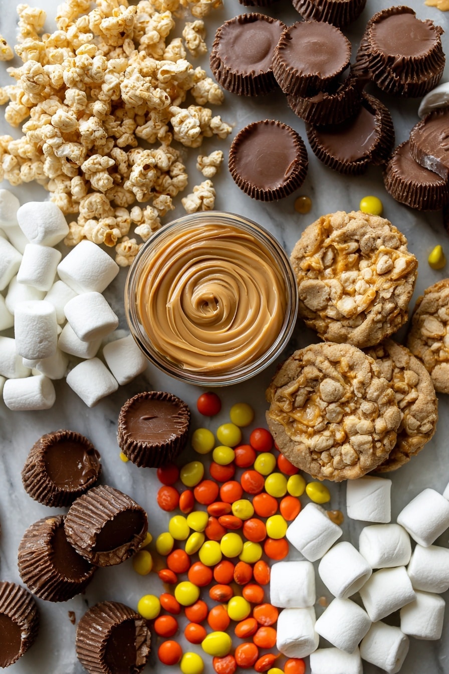 Chocolate Peanut Butter Rice Krispie Treats, peanut butter and chocolate dessert, homemade Rice Krispie treats, easy no-bake treats, kid-friendly snack - Flat lay of creamy peanut butter in a small swirl, soft white mini marshmallows scattered around, crunchy golden rice cereal clusters, rich chocolate peanut butter cups with glossy surfaces, golden-brown mini Nutter Butter cookies with ridged texture, bright orange, yellow, and brown Reese's Pieces candies adding pops of color, all arranged naturally with some ingredients overlapping and others spaced out, placed on white marbled surface, photo taken with an iphone --ar 2:3 --v 7