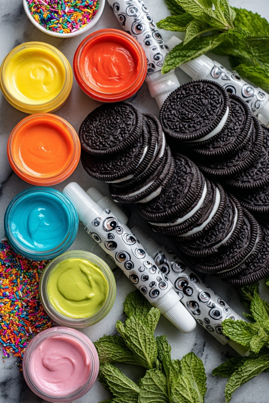 Halloween Candy Melt Oreo Chocolate Molded Treats, Halloween candy melts, Oreo dessert ideas, Halloween party treats, easy Halloween recipes - Flat lay of a stack of glossy black and white Oreo cookies, colorful candy melts in bright orange, vibrant yellow, deep black, and soft pastel pink, tiny candy eyes with shiny white and black details, a mix of rainbow sprinkles in red, green, blue, and yellow, delicate gel food coloring tubes in bold hues, all neatly arranged with a few sprigs of fresh green mint leaves for contrast, placed on white marbled surface, photo taken with an iphone --ar 2:3 --v 7
