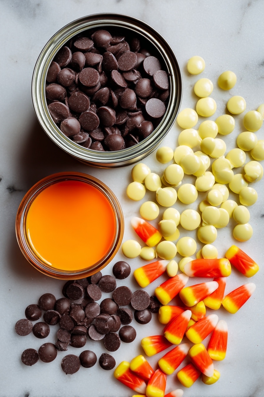 Halloween Fudge, Halloween Fudge Recipe, festive fudge treats, easy Halloween desserts, no-bake Halloween fudge - Flat lay of rich, glossy semi-sweet chocolate chips in deep brown, smooth white chocolate chips in creamy ivory, a shiny can of sweetened condensed milk with its metallic label, bright orange gel food coloring in a small vibrant jar, and colorful candy corn pieces displaying their classic yellow, orange, and white hues, all arranged naturally with some scattered for texture contrast, placed on white marbled surface, photo taken with an iphone --ar 2:3 --v 7