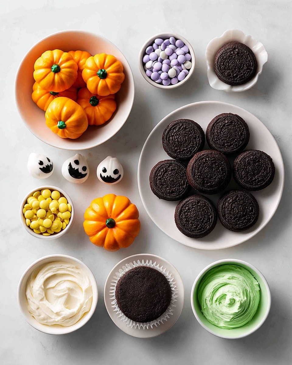 Pumpkin Patch Brownie Bites, fall treats, bite-sized dessert, Halloween party snacks, pumpkin dessert ideas - Flat lay of rich dark chocolate brownie bites with a soft, fudgy texture, shiny orange candy pumpkins with smooth surfaces, dollops of creamy white vanilla frosting tinted with vibrant green food coloring creating bright grassy swirls, small clusters of fresh green mint leaves adding pops of natural freshness, arranged naturally with slight overlaps and gentle shadows, placed on white marbled surface, photo taken with an iphone --ar 2:3 --v 7