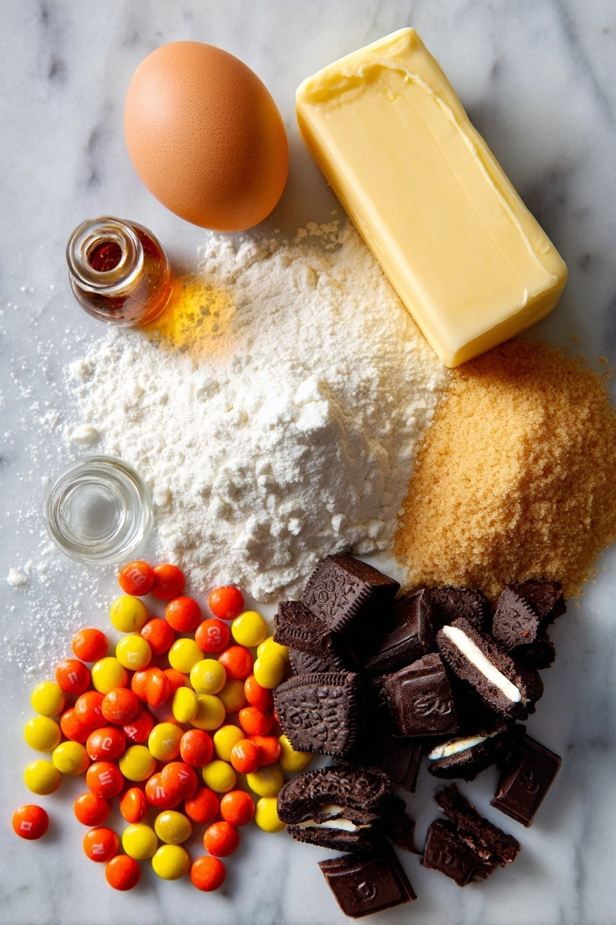Halloween Oreo M&M’s Cookies, Halloween cookie recipes, festive chocolate cookies, easy Halloween treats, colorful holiday cookies - Flat lay of slightly softened golden butter, rich brown sugar with its coarse texture, fine white granulated sugar, a fresh brown-speckled egg, a small glass vial of clear vanilla extract, a neat mound of soft white flour, smooth white corn starch powder, bright orange, yellow, red, and brown Halloween M&M's candies scattered with glossy shells, and roughly chopped dark chocolate Halloween Oreo cookies with creamy white filling visible, all beautifully arranged in a natural, casual pattern with some crumbs and candy pieces overlapping, placed on white marbled surface, photo taken with an iphone --ar 2:3 --v 7