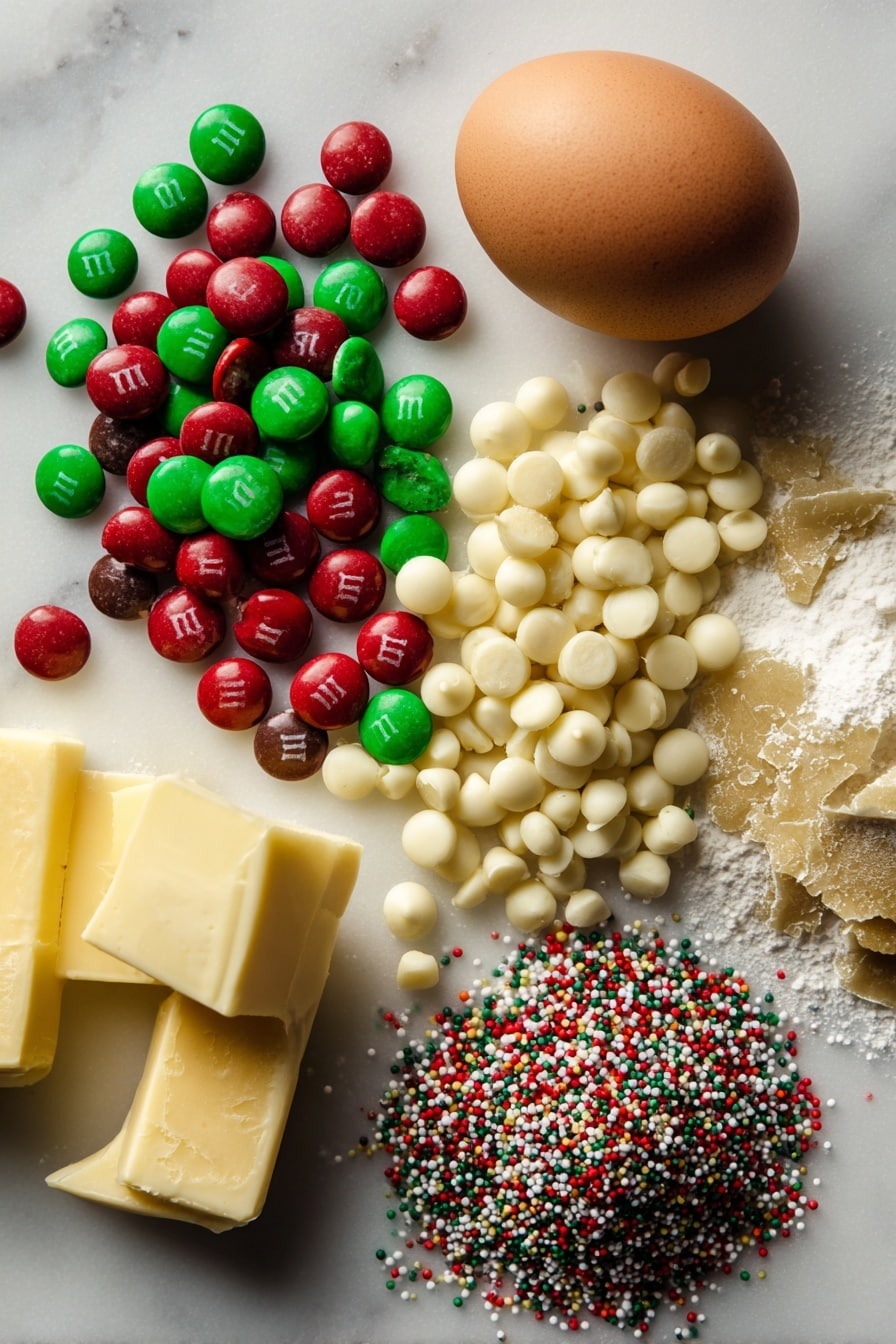 Christmas Cookie Bars, Festive Cookie Bars, Holiday Cookie Bars, Easy Christmas Cookies, Christmas Dessert Ideas - Flat lay of colorful red and green M&Ms scattered alongside creamy white chocolate chips and rich semi-sweet chocolate chips, soft golden brown sugar crystals, smooth pale yellow unsalted butter, fresh large brown egg with a glossy shell, and a small heap of festive multicolored holiday sprinkles, all arranged naturally with slight shadows and textures visible, placed on white marbled surface, photo taken with an iphone --ar 2:3 --v 7