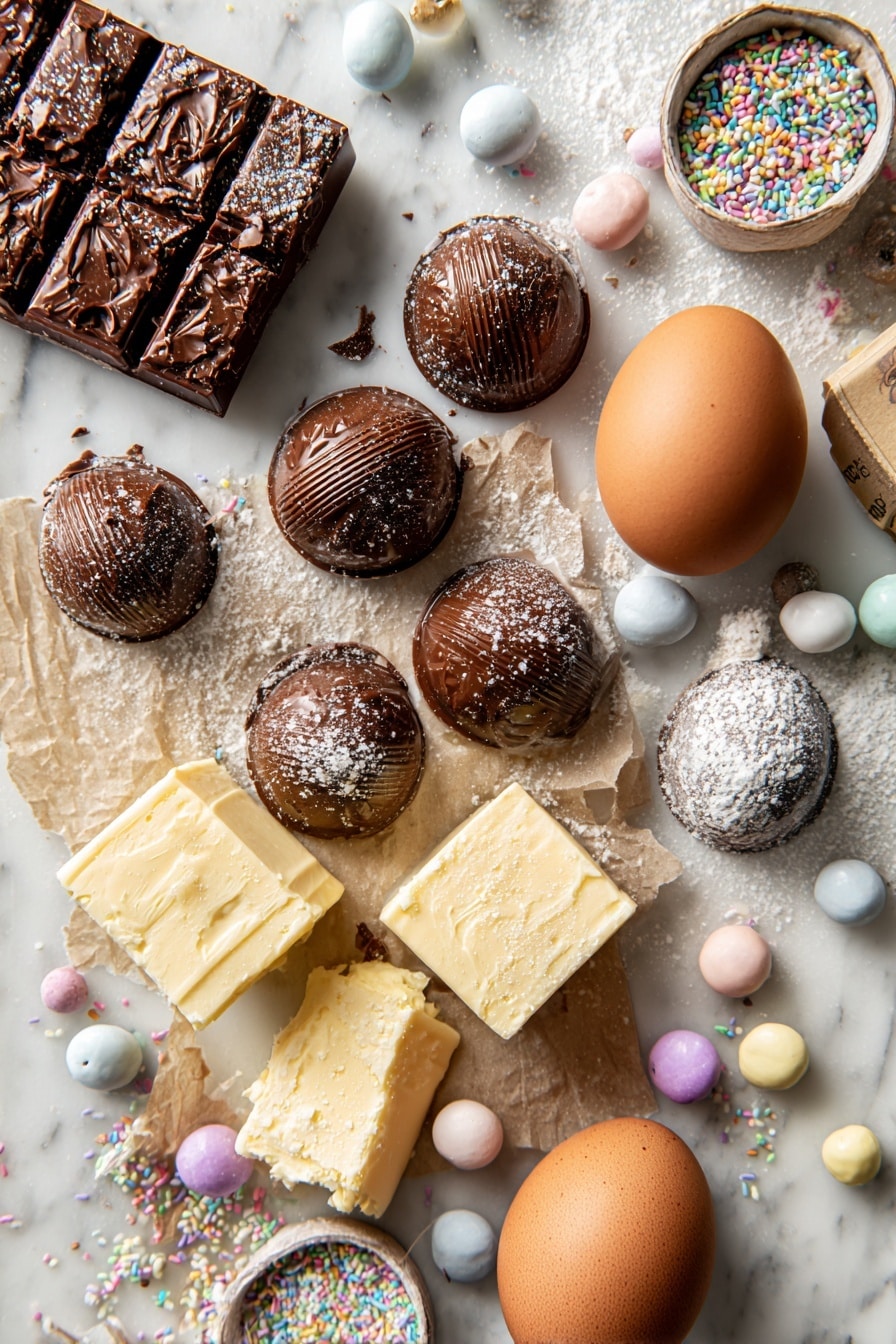 Chocolate Kiss Cookies, easy chocolate cookies, soft chewy cookies, chocolate dessert recipes, melt-in-your-mouth cookies - Flat lay of rich dark chocolate kisses with shiny wrappers removed, soft pale cream cheese blocks, smooth golden butter sticks, a single large brown egg, scattered white granulated sugar crystals, colorful tiny round sprinkles in pastel hues, and a box of deep brown chocolate cake mix partially open, all arranged in a natural, slightly scattered pattern with contrasting textures and soft shadows, placed on white marbled surface, photo taken with an iphone --ar 2:3 --v 7