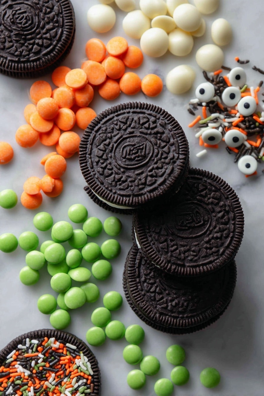 Spooky Halloween Chocolate-Covered Oreos, Halloween Oreo treats, Halloween dessert ideas, spooky cookies recipes, festive Halloween snacks - Flat lay of a stack of classic black Oreo cookies with their creamy white filling visible, vibrant orange candy melts in smooth chunks, creamy white candy melts in glossy, irregular shapes, rich dark chocolate chips scattered loosely, bright green candy melts broken into pieces, and a handful of colorful Halloween sprinkles including white candy eyes and tiny orange and black confetti sprinkles, all naturally arranged with a mix of textures and colors that pop, placed on white marbled surface, photo taken with an iphone --ar 2:3 --v 7