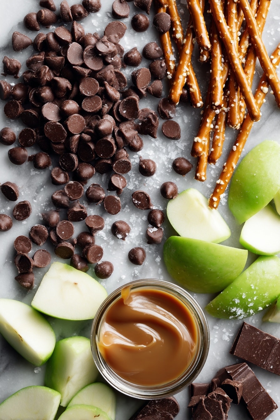 Caramel Apple Pretzel Bark, caramel apple pretzel bark recipe, sweet salty dessert, easy caramel apple treat, festive fall dessert - Flat lay of glossy semi-sweet chocolate chips in rich dark brown clusters, long golden pretzel sticks with a crisp texture, bright green apple chunks showing their fresh juicy flesh, smooth golden caramel sauce in a thick drizzle, and delicate white sea salt flakes scattered naturally, all beautifully arranged with a balance of colors and textures, placed on white marbled surface, photo taken with an iphone --ar 2:3 --v 7