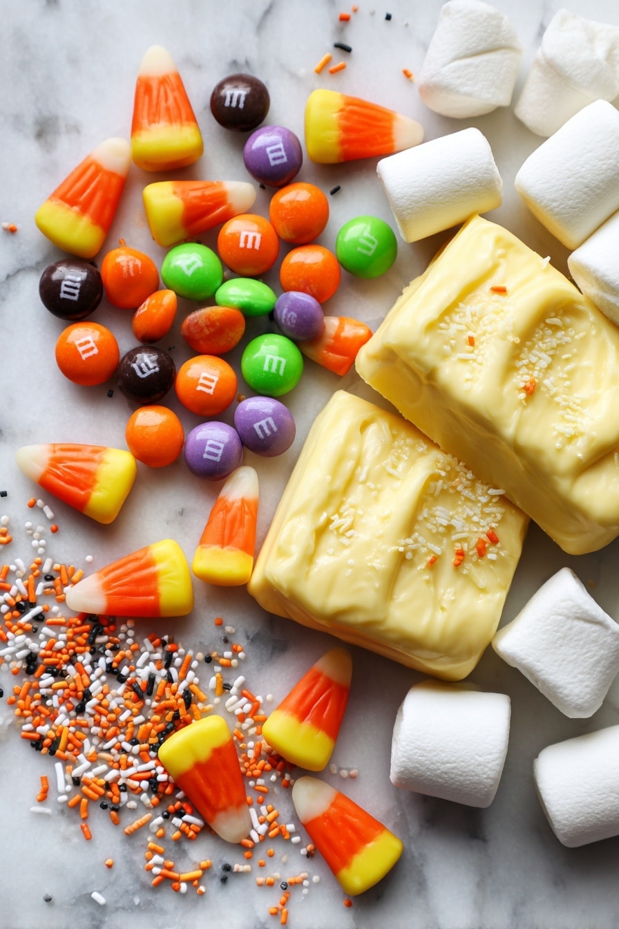 Halloween Rice Krispies Treats, Halloween dessert ideas, festive Rice Krispies treats, no-bake Halloween treats, easy Halloween treats - Flat lay of bright orange candy corn with smooth, glossy textures, colorful Halloween M&Ms in shades of orange, black, green, and purple, fluffy white mini marshmallows with a soft, pillowy appearance, rich golden yellow unsalted butter blocks with a creamy texture, and tiny orange, black, and white Halloween-themed sprinkles scattered delicately, all arranged in a natural, slightly scattered pattern with pops of vibrant color and varied shapes, placed on white marbled surface, photo taken with an iphone --ar 2:3 --v 7