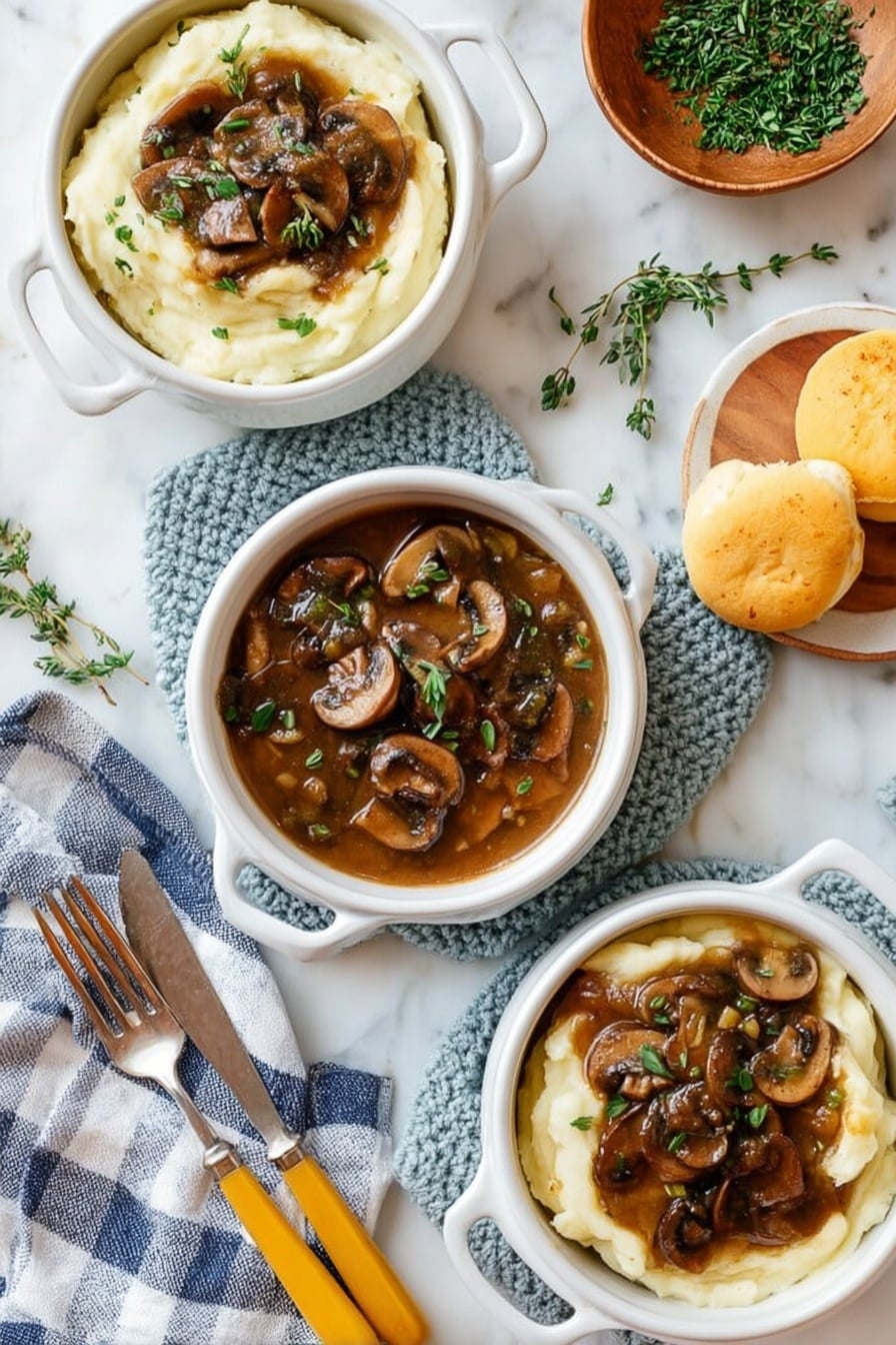 Mushroom Gravy, mushroom gravy recipe, savory mushroom sauce, easy mushroom gravy, vegan mushroom gravy - The image shows three white bowls with handles, each filled with two layers: a smooth, creamy white mashed potato base topped with a rich brown mushroom gravy containing sliced mushrooms and small green herb pieces. The bowls are placed on a white marbled surface with a soft blue knitted mat under one bowl. Fresh herb sprigs are scattered on the bowls and around the setup. There are also two yellowish bread rolls near the top right, a wooden bowl with green herbs, a small wooden plate with more herbs, and a blue and white checkered napkin holding two vintage forks and a yellow-handled knife at the bottom left. The scene looks clean and inviting, with natural lighting highlighting the textures. Photo taken with an iphone --ar 2:3 --v 7
