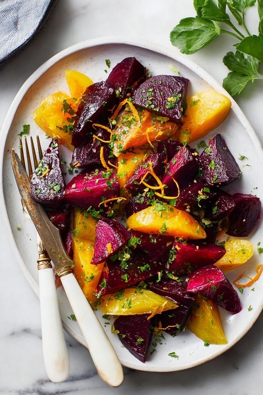 Roasted Beets, roasted beets recipe, easy beet side dish, healthy roasted vegetables, simple beet recipes - The image shows a white plate with many pieces of roasted beets, dark purple and golden yellow in color. The beets have a soft, shiny texture and are mixed with small green chopped herbs sprinkled on top, along with a few thin orange zest strands adding bright contrast. A silver fork and knife with white and brass handles rest on the edge of the plate. The plate sits on a white marbled surface with a few green leaves peeking in the upper right corner. The overall look is fresh, colorful, and vibrant. photo taken with an iphone --ar 2:3 --v 7