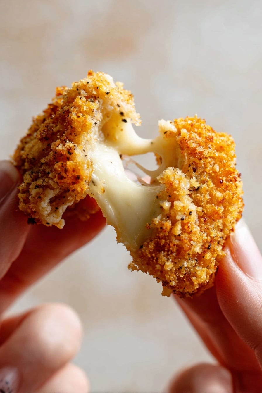 Baked Mozzarella Sticks with Marinara Dipping Sauce, Mozzarella Sticks recipe, Baked Cheese Sticks, Easy mozzarella sticks, Homemade Marinara Dip - A close-up photo of a person's two fingers pulling apart a crispy, crumb-coated fried piece of food, showing melted white, stretchy cheese inside. The crumb coating is golden brown with small black specks, and the background is a soft, blurry white marbled texture. The photo focuses tightly on the texture of the crunchy outside and the smooth cheese inside. photo taken with an iphone --ar 2:3 --v 7