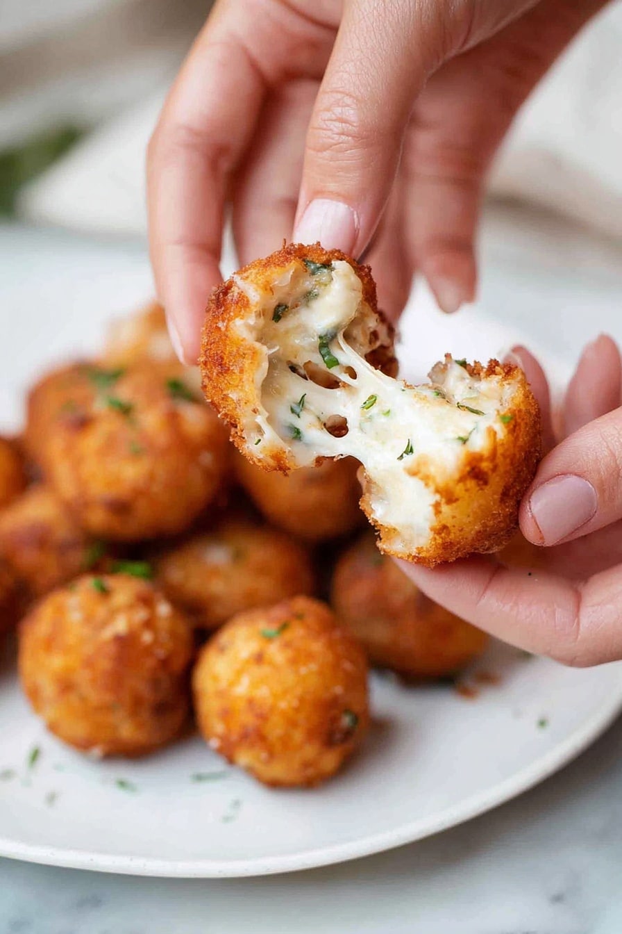 Cheddar & Green Onion Mashed Potato Balls, crispy cheesy potato bites, cheesy potato appetizers, quick mashed potato snacks, savory potato balls - The image shows several golden brown fried balls arranged in a loose cluster on a white plate with a white marbled surface background. Each ball has a crispy, textured outer layer with a crunchy appearance. One ball is open, revealing a soft, creamy white inside with small green bits mixed within. Small green herb pieces are scattered lightly around the balls on the plate. Photo taken with an iphone --ar 2:3 --v 7