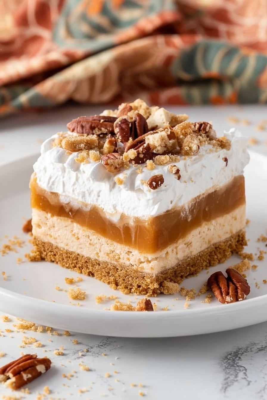 No Bake Pumpkin Lush, no bake pumpkin dessert, easy pumpkin dessert, fall pumpkin pudding, no bake pumpkin layered treat - The image shows a square slice of dessert on a white plate resting on a white marbled surface. The dessert has four visible layers: the bottom layer is crumbly and brown like a cookie or crust; above it is a thicker light brown creamy layer, followed by a thinner smooth caramel-colored layer; the top layer is white and fluffy, likely whipped cream, sprinkled with chunks of broken cookies and pecans. Some pecan pieces and crumbs are scattered around the plate. In the background, a patterned cloth with earthy colors is softly blurred. Photo taken with an iphone --ar 2:3 --v 7