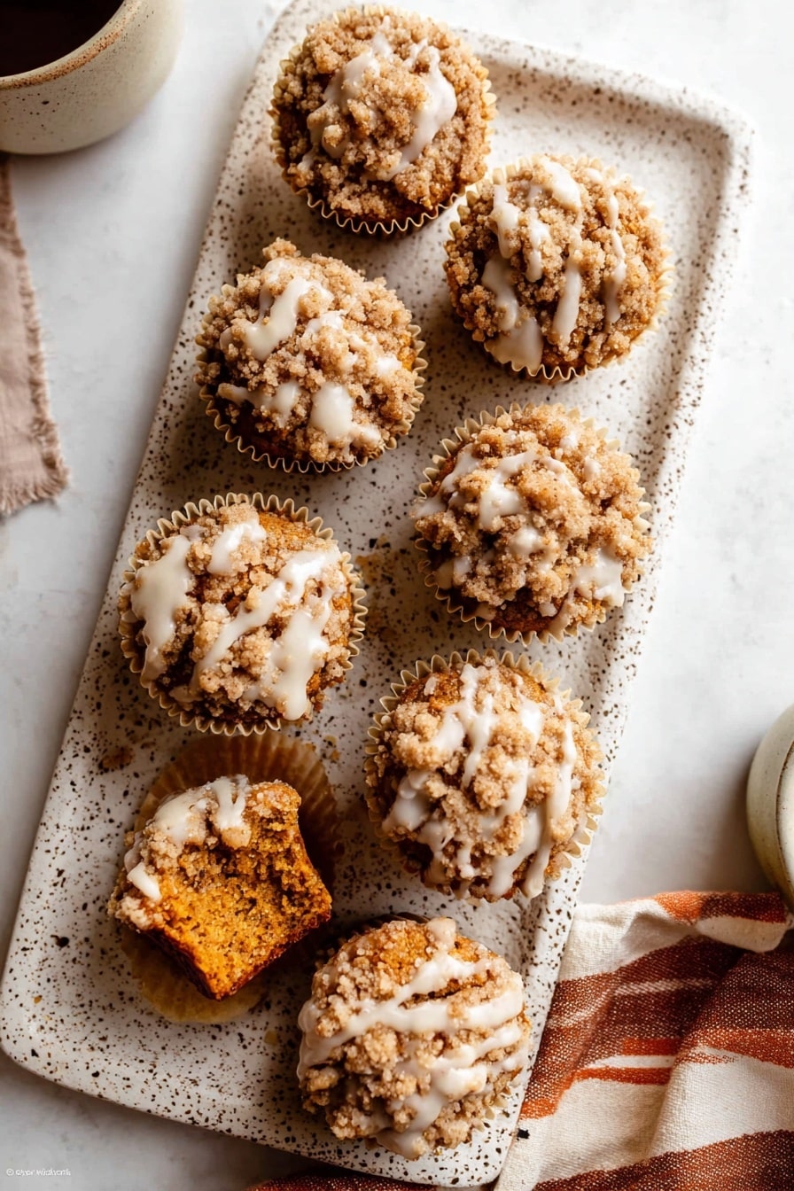 Pumpkin Crumb Cake Muffins, fall muffin recipes with pumpkin, easy pumpkin muffin recipe, moist pumpkin muffins with streusel topping, autumn breakfast treats - The image shows eight crumb-topped muffins on a long white speckled tray, each in a light beige muffin liner. The muffins have a golden-brown color with a thick, crumbly topping that is drizzled with a white glaze. Two muffins at the bottom have a bite taken out, revealing a moist, dense orange-brown interior. The tray sits on a white marbled surface, next to a warm brown and cream striped cloth on the right side, with a small part of a white cup visible on the left edge. photo taken with an iphone --ar 2:3 --v 7