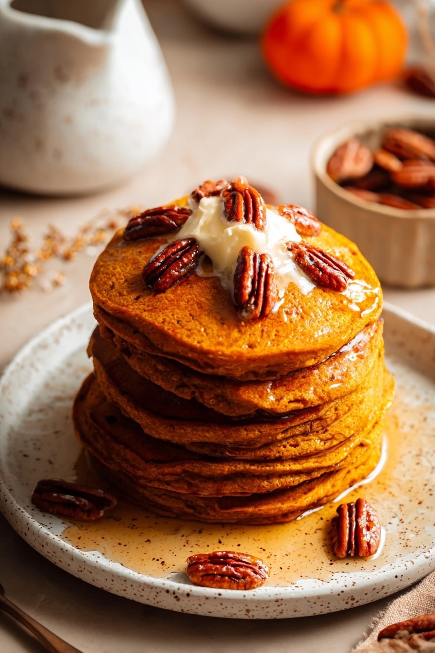 Vegan Pumpkin Pancakes, Pumpkin Pancakes Vegan, Fluffy Pumpkin Pancakes, Fall Breakfast Recipes, Plant-Based Pumpkin Pancakes - A tall stack of five thick pumpkin-colored pancakes sits on a white plate speckled with brown dots, each pancake showing a slightly rough texture with some visible air bubbles. On top of the stack is a dollop of melting pale butter surrounded by shiny amber syrup that drips down the sides. Five glossy pecan halves are placed on top, with some scattered around the plate and table. The background shows a bowl with a white marbled texture and soft focus elements of more pecans and an orange object in a white dish. The scene is warmly lit and close up, photo taken with an iphone --ar 2:3 --v 7