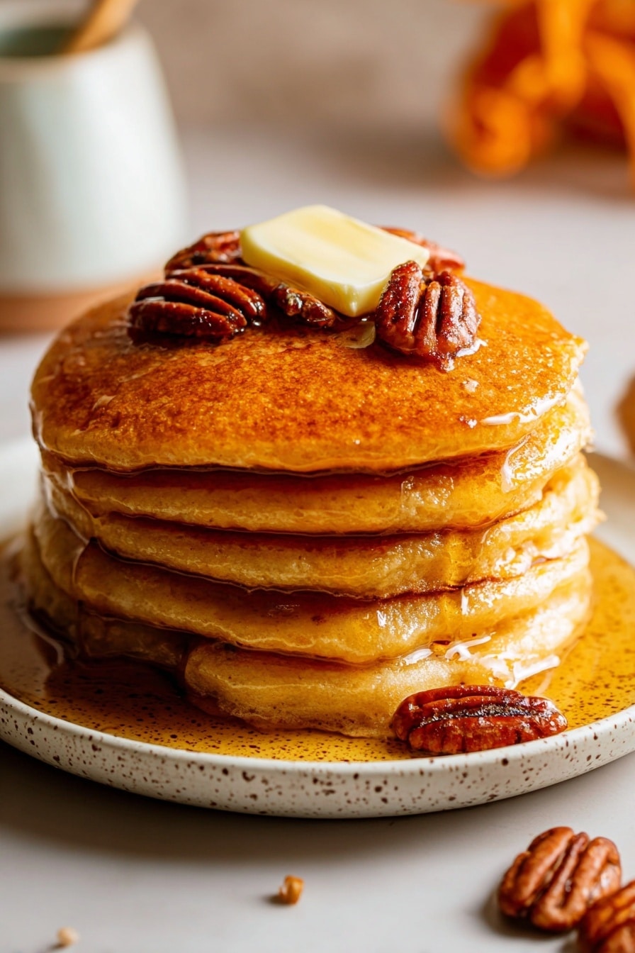 Vegan Pumpkin Pancakes, Pumpkin Pancakes Vegan, Fluffy Pumpkin Pancakes, Fall Breakfast Recipes, Plant-Based Pumpkin Pancakes - A stack of five thick, golden brown pancakes sits in the center of a white speckled plate on a white marbled surface. Each pancake is fluffy with a smooth, slightly uneven texture, showing a warm, cooked tone. On top of the stack, there is a square piece of pale yellow butter melting slowly, surrounded by syrup dripping over the edges, giving a shiny glaze to the pancakes. Four whole pecans, deep brown with ridged texture, rest on the top pancake, with a few more scattered around the base on the plate. In the soft blurred background, warm orange and white shapes are faintly visible, adding a cozy atmosphere. Photo taken with an iphone --ar 2:3 --v 7
