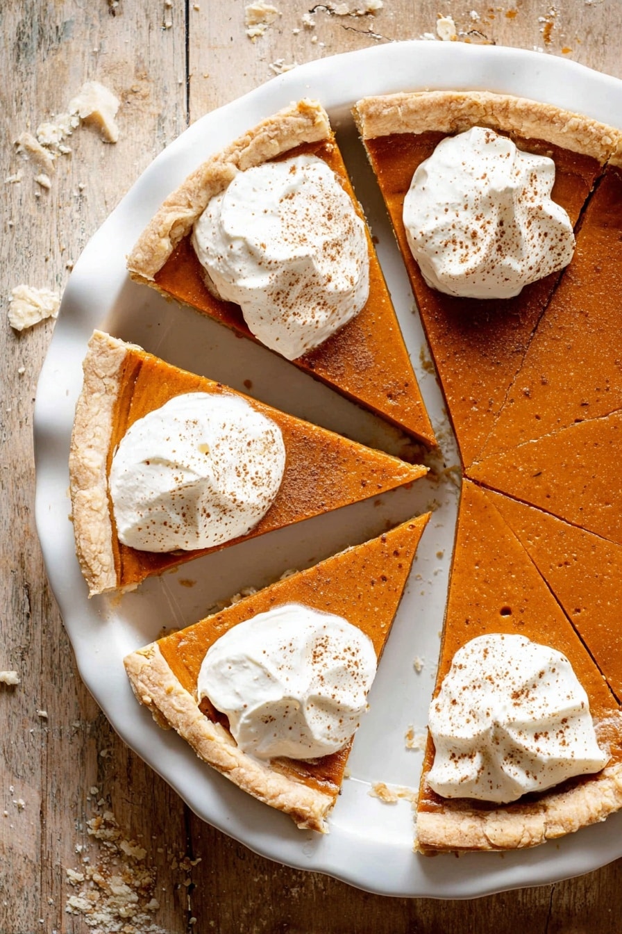 Vegan Pumpkin Pie, plant-based pumpkin pie, dairy-free pumpkin dessert, fall vegan dessert, vegan pie recipes - This image shows a pumpkin pie cut into eight slices on a white scalloped pie plate. The pie has two layers: a thick, smooth, orange pumpkin filling on the bottom and a golden-brown, flaky crust around the edges. Four of the slices are topped with a dollop of white whipped cream, sprinkled with a light dusting of brown spice, likely cinnamon or nutmeg. The pie plate is sitting on a worn wooden surface with scattered crumbs. photo taken with an iphone --ar 2:3 --v 7