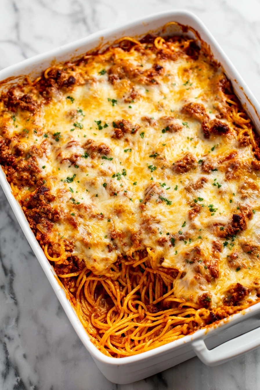 Baked Spaghetti, easy baked pasta recipe, cheesy baked spaghetti, weeknight pasta dinner, hearty baked spaghetti - A white rectangular baking dish filled with baked spaghetti pasta layered with a red tomato meat sauce and melted golden-brown cheese on top, sprinkled with small green herb bits, showing some browned spots where cheese is crispy; a portion has been served from one corner revealing orange-red spaghetti mixed with the sauce underneath the cheesy top layer, all placed on a white marbled surface photo taken with an iphone --ar 2:3 --v 7