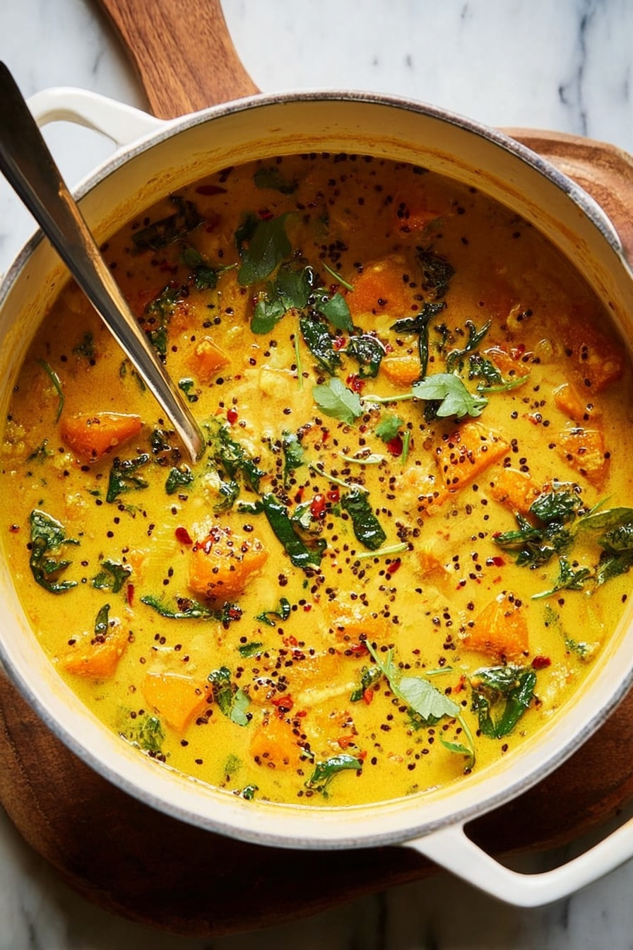 Ginger Sweet Potato and Coconut Milk Stew with Lentils and Kale, hearty vegan stew, healthy plant-based dinner, cozy comfort food, nutritious vegan recipe - A white pot filled with a thick yellow curry soup layered with chunks of orange vegetables and green leafy herbs scattered on top, with black mustard seeds and red chili flakes sprinkled throughout. The curry has a creamy texture with visible herbs floating and some oil glistening on the surface. A long silver spoon is placed inside the pot resting with its handle sticking out. The pot sits on a white marbled surface with a wooden board partially underneath. Photo taken with an iphone --ar 2:3 --v 7