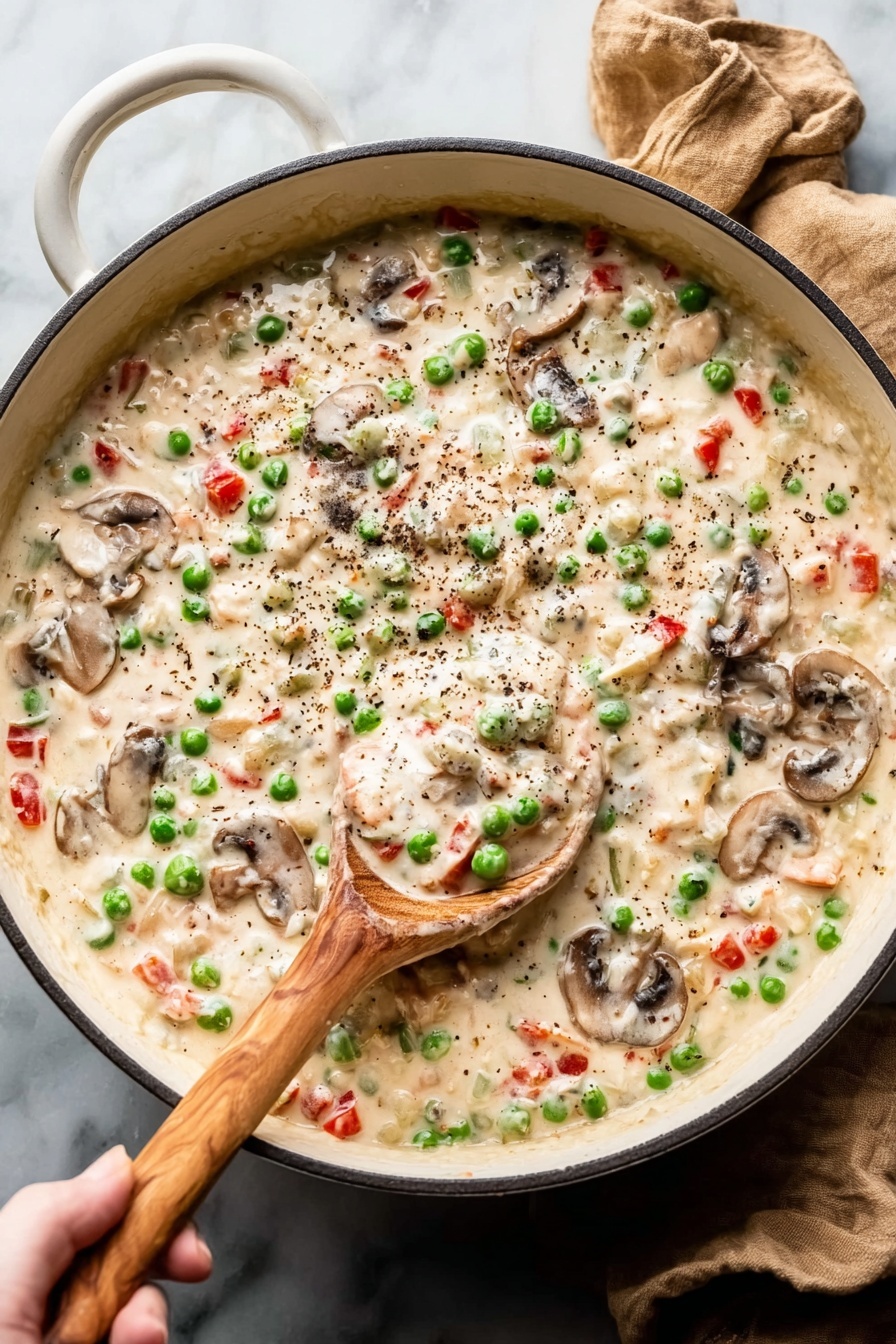 Chicken a la King, Classic Chicken a la King, creamy chicken dinner, easy chicken recipes, comfort food recipes - A large white pan filled with a creamy mixture that has three visible layers: the base is a thick white sauce with small green peas scattered evenly, the middle layer is mixed with small pieces of red bell pepper, and the top layer has sliced brown mushrooms and a sprinkle of black pepper. A wooden spoon is scooping some of the creamy mix, and a woman's hand is holding the spoon. The pan is placed on a white marbled surface with a tan cloth nearby. Photo taken with an iphone --ar 2:3 --v 7