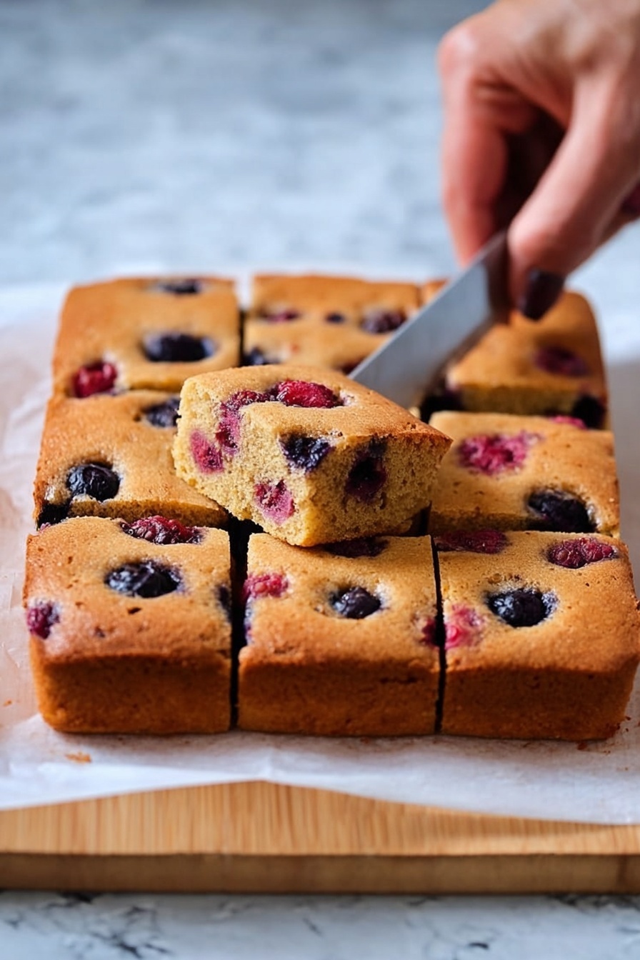 Berry Paleo Gluten-Free Snack Cake, healthy berry paleo cake, paleo gluten-free dessert, grain-free snack cake, detox-friendly berry snack - A square, golden-brown cake with a slightly rough top layer containing blueberries and raspberries scattered evenly inside the cake. The cake is divided into nine equal squares, with a woman's hand holding a knife cutting one piece. The berries add pops of dark blue and red color within the soft, dense texture of the cake. The cake sits on white parchment paper placed on a light wooden board with a white marbled background. Photo taken with an iphone --ar 2:3 --v 7