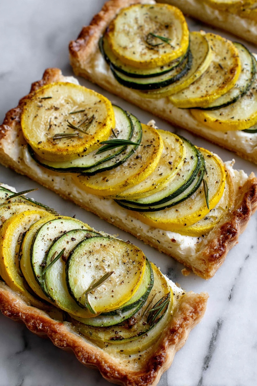 Zucchini and Yellow Squash Tart with Rosemary and Balsamic, summer vegetable tart, easy zucchini and squash tart, herb-infused vegetable tart, fresh summer tart recipe - The image shows three long rectangular tart slices on a white marbled surface. Each tart has a golden-brown, crisp pastry crust base with a light cream-colored layer on top. On this creamy layer, there are overlapping thin round slices of green zucchini and yellow squash, alternating in color. The vegetable slices have slightly browned spots and are seasoned with black pepper and small rosemary leaves scattered on top. The edges of the pastry are raised and have a toasted texture, giving a crunchy look. photo taken with an iphone --ar 2:3 --v 7