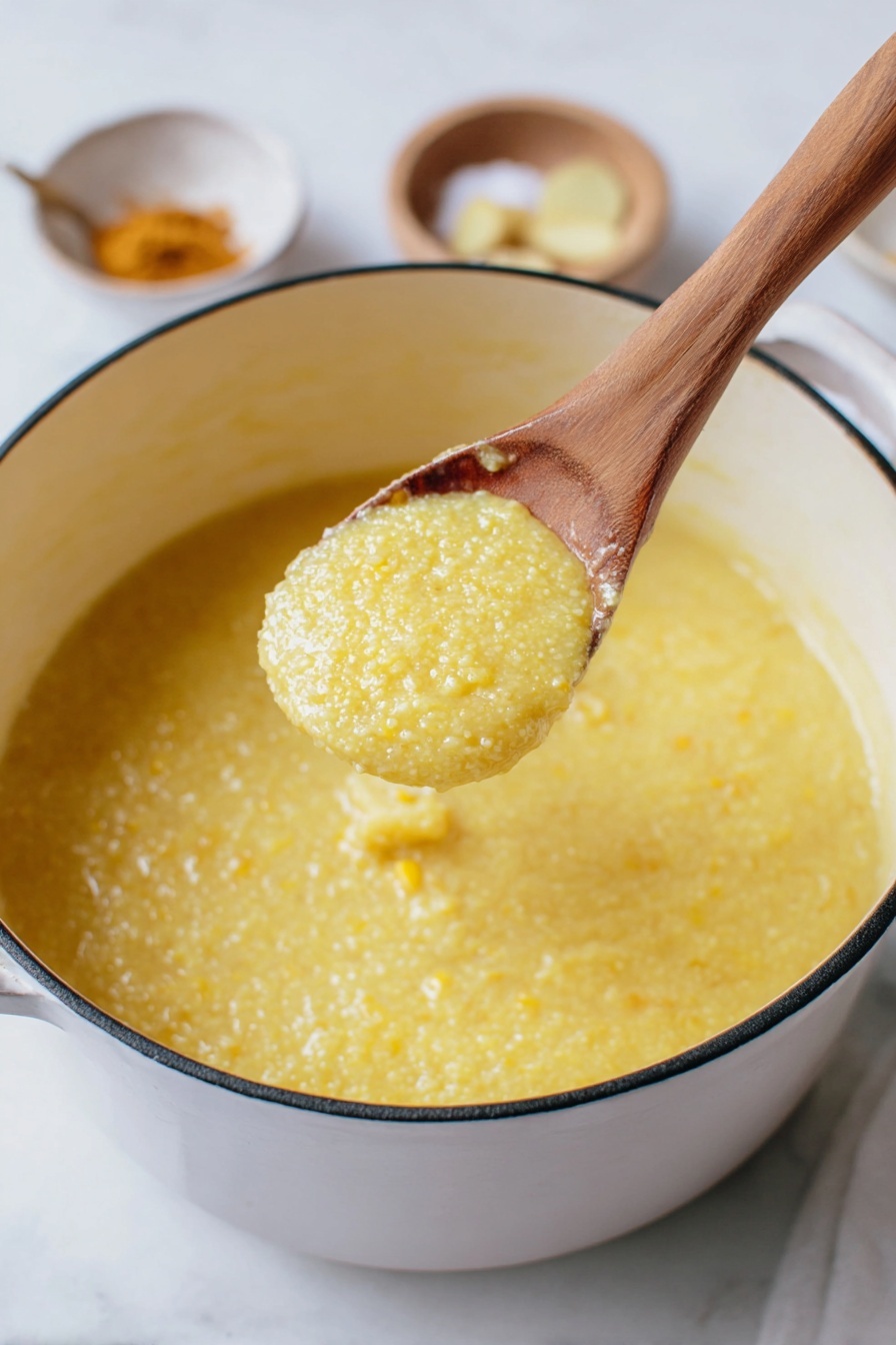 Creamy Parmesan Polenta with Herbs, cheesy polenta recipes, easy creamy polenta, herb-infused polenta, comfort food recipes - A close-up view of a creamy yellow polenta served in a white speckled bowl, with a single green rosemary sprig garnish on top; the polenta looks smooth but with some texture and small lumps, with a slight shine from melted butter or oil. A gold spoon is lifting a spoonful of the thick polenta, showing its grainy, soft texture. The bowl rests on a white marbled surface, with a piece of light yellow cheese block and some green herbs nearby. Photo taken with an iphone --ar 2:3 --v 7