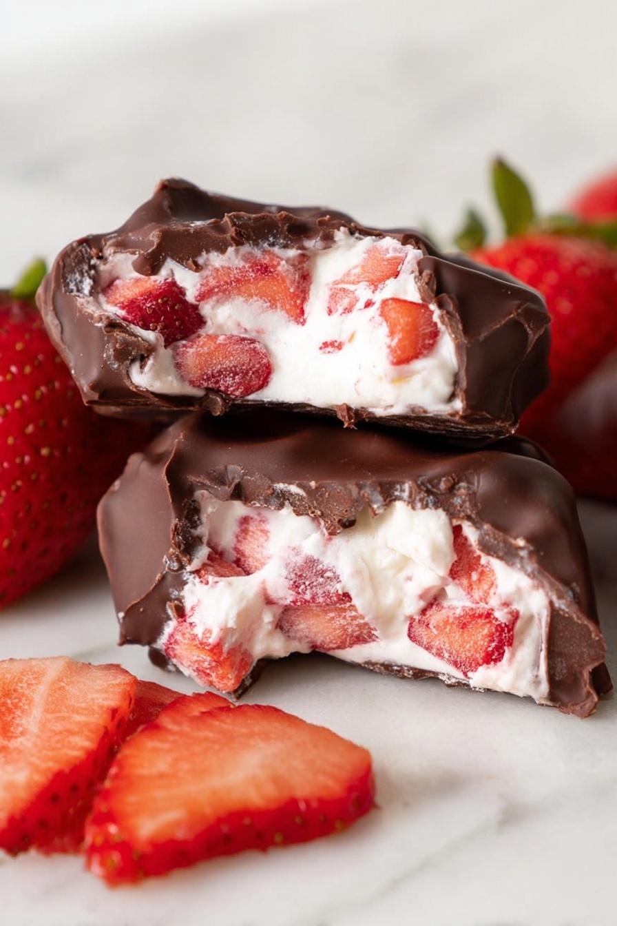 Chocolate Strawberry Yogurt Clusters, healthy chocolate berry snack, easy yogurt energy bites, homemade chocolate fruit clusters, simple fruit and chocolate treats - The image shows a white plate with five dark brown chocolate-covered treats that have a rough, bumpy surface. One of the treats is cut open, revealing three layers: a dark chocolate outer shell, a middle layer of white cream with visible red strawberry pieces, and some red strawberry bits inside the cream. Around the treats are fresh strawberry halves and small strawberry pieces adding a bright red color contrast. The plate is placed on a white marbled surface and the overall look is fresh, colorful, and inviting. Photo taken with an iphone --ar 2:3 --v 7