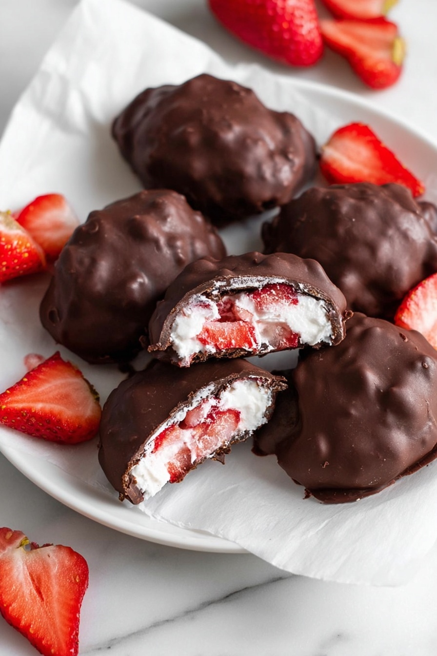 Chocolate Strawberry Yogurt Clusters, healthy chocolate berry snack, easy yogurt energy bites, homemade chocolate fruit clusters, simple fruit and chocolate treats - The image shows a close-up of two chocolate-covered treats, with one cut in half to reveal the inside layers. The outer layer is dark brown chocolate, smooth but slightly uneven in texture, fully coating the treat. Inside, there is a thick white creamy layer mixed with chunks of bright red strawberries scattered throughout, giving a fresh, fruity look. The strawberries’ red contrast vividly with the white cream and dark chocolate. Around the base, some sliced strawberries add extra color and freshness to the scene. All items rest on a white marbled surface, enhancing the colors of the treat. Photo taken with an iphone --ar 2:3 --v 7