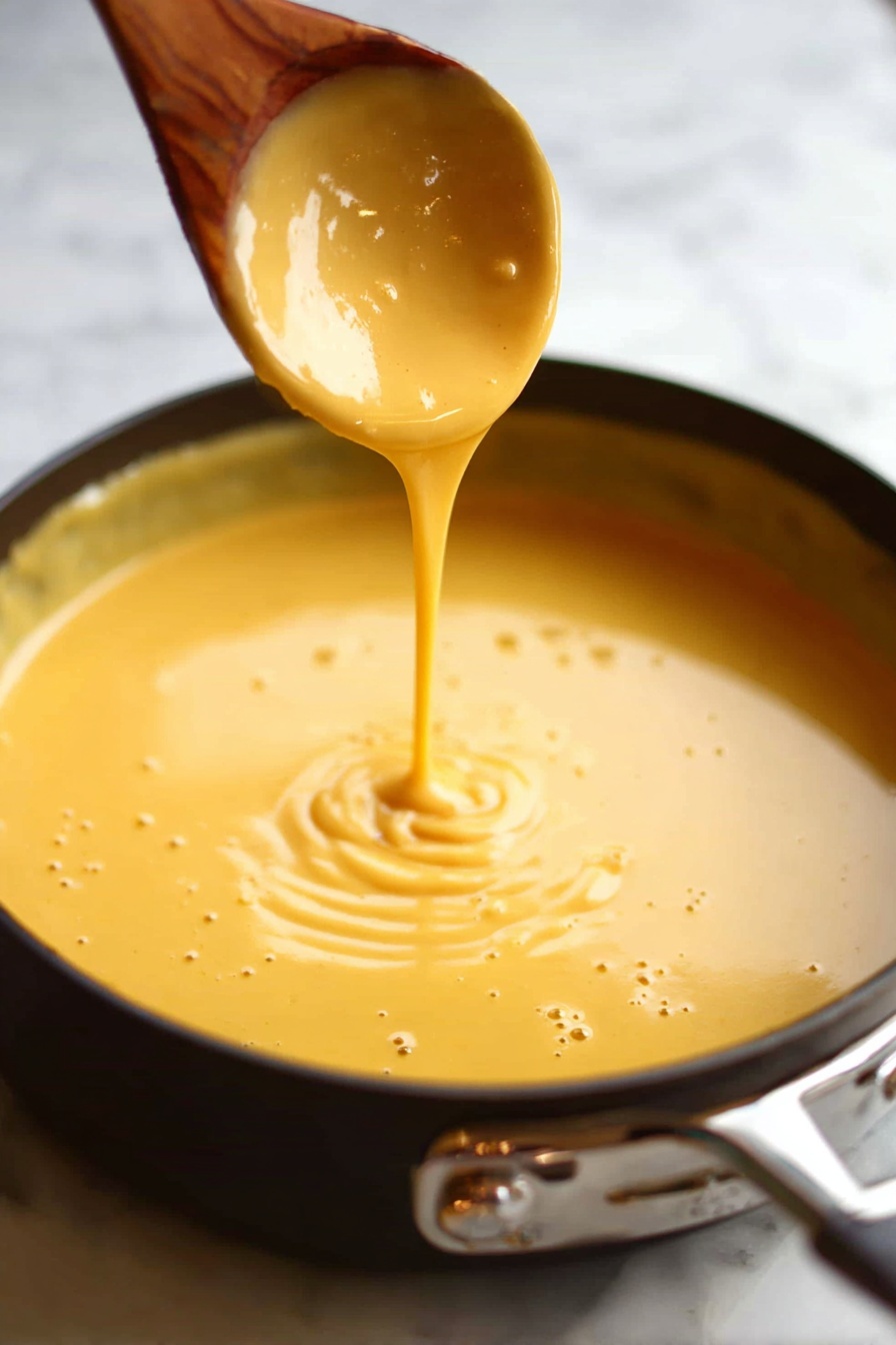 Vegan Beer Cheese, vegan cheese dip, plant-based beer cheese, dairy-free cheese sauce, vegan appetizer - A smooth, thick, golden yellow sauce is being poured from a wooden spoon above into a pot filled with the same creamy sauce. The sauce has a shiny, velvety texture with small bubbles on the surface, creating soft ripples where the liquid falls. The pot is dark with a metallic handle, resting on a white marbled surface. The background stays softly blurred to keep the focus on the rich sauce photo taken with an iphone --ar 2:3 --v 7