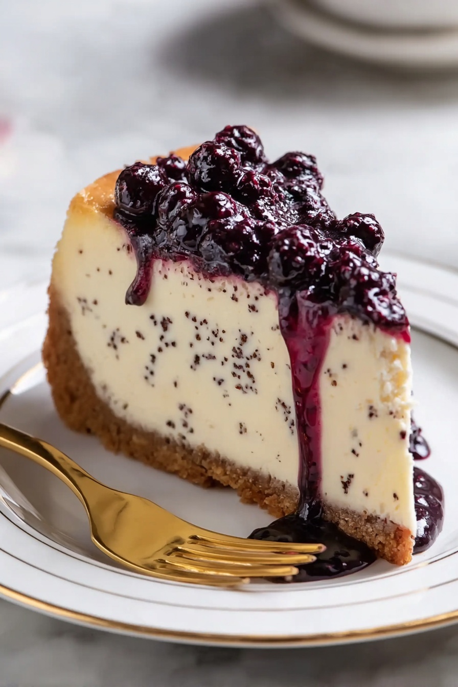 Mulberry & Earl Grey Cheesecake, Earl Grey cheesecake, Mulberry dessert, floral fruity cheesecake, creamy fruit cheesecake - A slice of cheesecake is placed on a white plate with thin black lines around the edge, set on a white marbled surface. The cheesecake has three clear layers: a thick golden-brown crumb crust at the bottom, a creamy white middle layer with small bits mixed in, and a shiny dark purple topping that drips down the sides. A small pool of the purple topping is on the plate near the slice. Part of a purple cloth and a white cup with a saucer are softly blurred in the background. Photo taken with an iphone --ar 2:3 --v 7