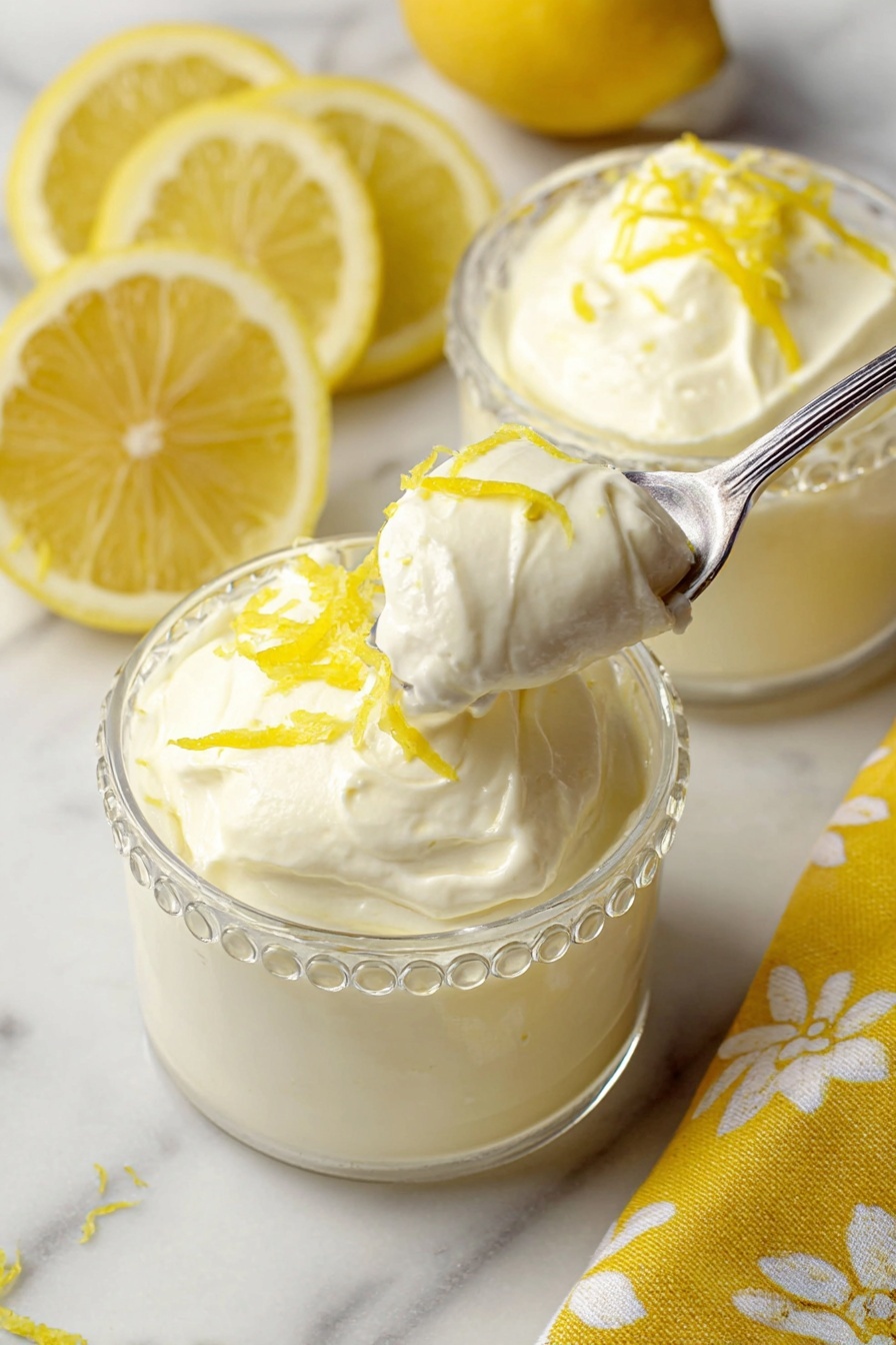 Lemon Mousse, Lemon Mousse Recipe, Easy Lemon Dessert, Tangy Lemon Dessert, Light Lemon Mousse - The image shows two clear glass cups filled with a smooth, creamy white dessert topped with thin strips of yellow lemon zest. One cup is in the front, and a silver spoon is lifting some of the dessert from it, showing a thick, fluffy texture with lemon zest on top. The cups have a round bead-like design around the rim. The background features a folded yellow cloth with white floral patterns and slices of fresh lemon on a white marbled surface. Photo taken with an iphone --ar 2:3 --v 7