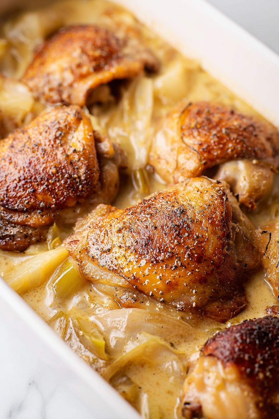 French Chicken Normandy Casserole, savory chicken apple bake, easy French chicken dinner, elegant rustic casserole, chicken apple creamy sauce - The image shows a white rectangular dish filled with several pieces of cooked chicken thighs with crispy, browned skin on top. The chicken thighs are partially covered in a light creamy sauce that has pieces of cooked onions and leeks mixed in. The sauce has a smooth and slightly shiny texture, pooling around and between the chicken pieces. The dish sits on a white marbled surface giving a clean and bright look. The close-up view highlights the golden and slightly charred texture of the chicken skin with seasoning visible. Photo taken with an iphone --ar 2:3 --v 7