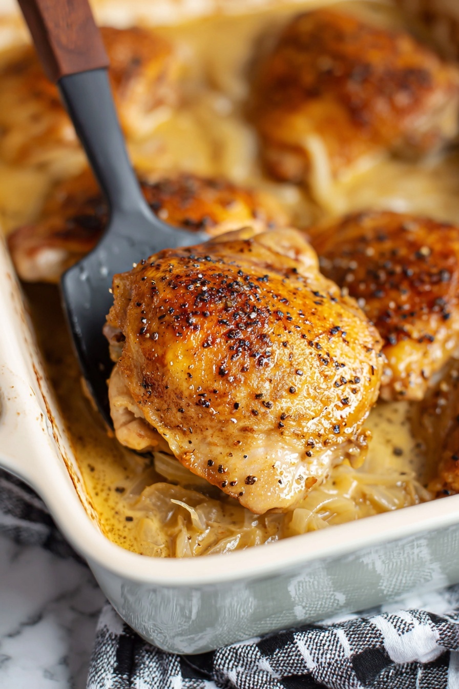 French Chicken Normandy Casserole, savory chicken apple bake, easy French chicken dinner, elegant rustic casserole, chicken apple creamy sauce - A close-up view of a golden brown cooked chicken thigh with crispy skin sprinkled with black pepper, being lifted by a black spatula from a white casserole dish filled with creamy sauce and bits of cooked onions, all resting on a white marbled surface with a black and white checkered cloth under the dish, photo taken with an iphone --ar 2:3 --v 7