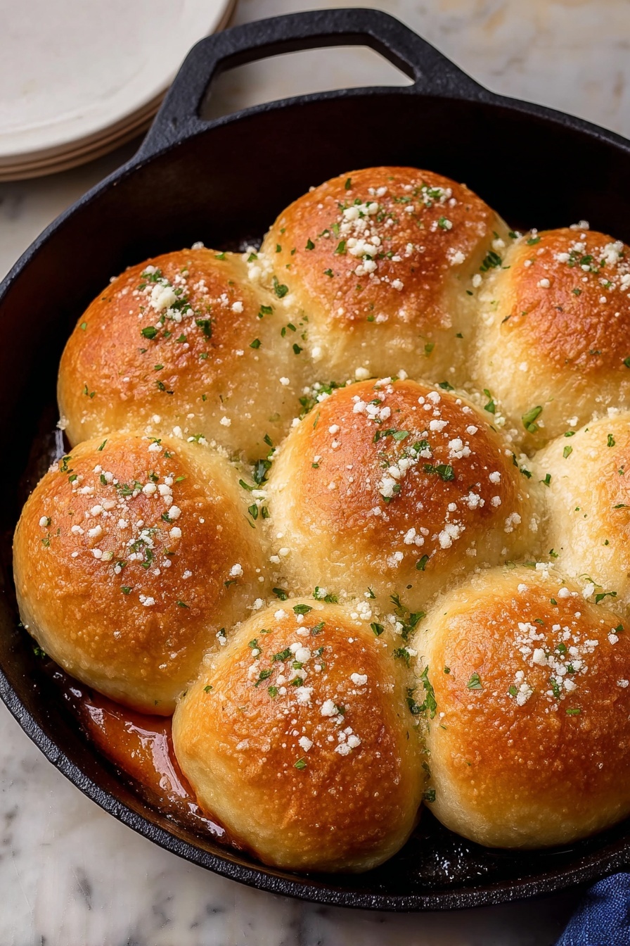 Cheesy Pizza Bombs with Garlic Butter, cheesy pizza bombs, pizza appetizer recipes, cheesy stuffed bites, game day appetizer ideas - A round black cast iron pan filled with eight golden brown dinner rolls arranged in a circle, all touching each other. The rolls have a shiny, slightly crispy top with small white bits of cheese sprinkled over them and tiny green herb pieces scattered around. The pan rests on a white marbled surface, and part of a white dish is visible on the side. Photo taken with an iphone --ar 2:3 --v 7