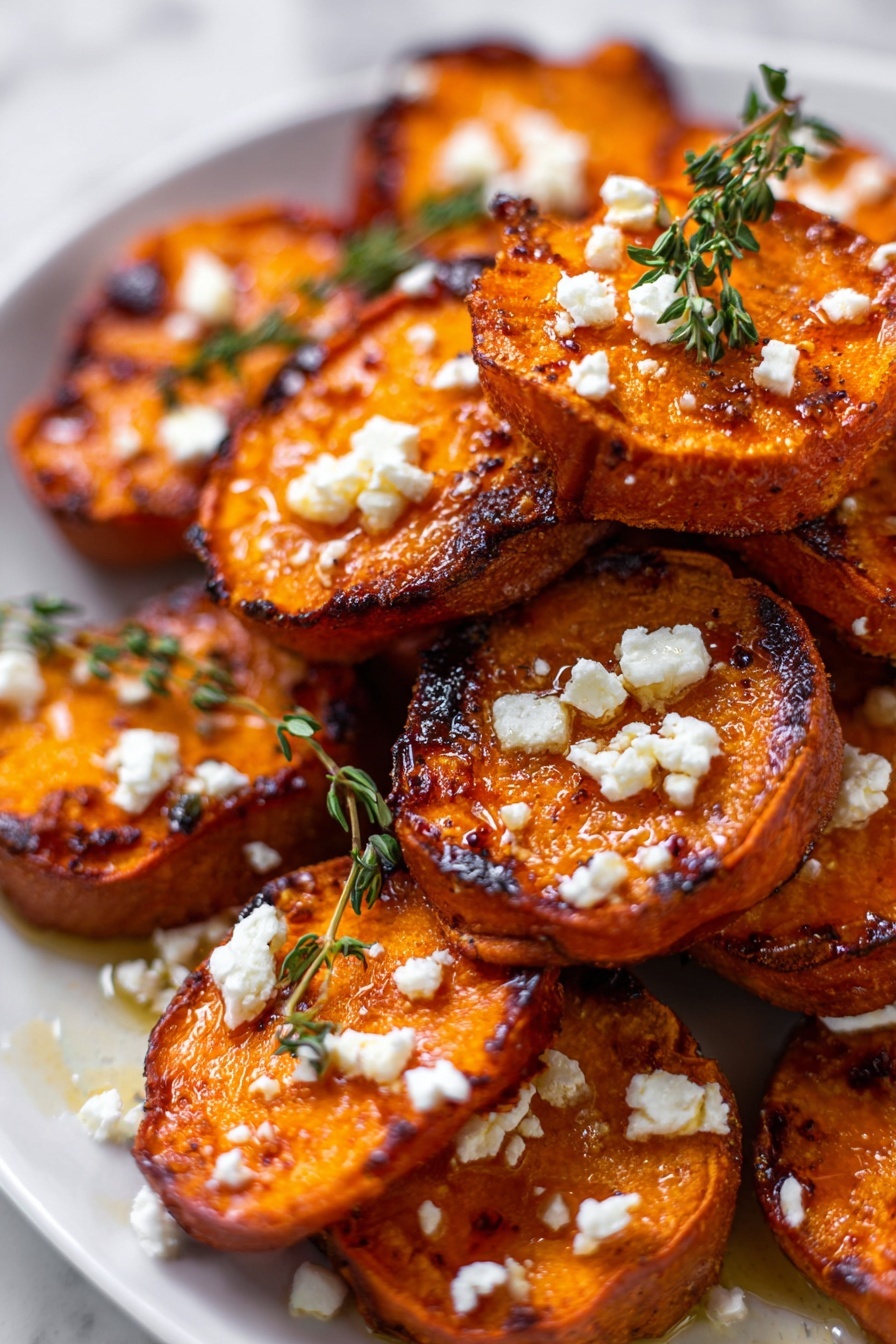 Sweet Potato Rounds with Honey and Feta, healthy appetizer ideas, easy sweet potato snacks, quick vegetarian appetizers, flavor-packed finger foods - The image shows a close-up of thick round slices of roasted sweet potatoes, stacked in a pile on a white plate over a white marbled surface. Each sweet potato slice has a crispy, browned edge with a vibrant orange interior that looks tender and juicy. The slices are topped with small crumbles of white cheese scattered unevenly across them, adding a soft texture contrast. A few sprigs of fresh green thyme sit on top of the slices, adding a touch of color and freshness. There is also a light drizzle of a glossy, golden syrup over the slices, giving them a moist and shiny look. Photo taken with an iphone --ar 2:3 --v 7