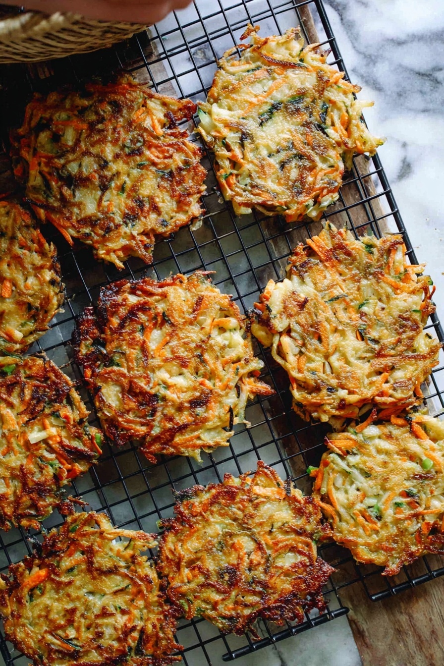 Cabbage Fritters, vegetable fritters, crispy cabbage pancakes, savory veggie snacks, easy cabbage recipes - The image shows a cooling rack filled with several golden brown vegetable pancakes, round but slightly uneven in shape. Each pancake has a mix of thinly shredded vegetables, mainly orange carrot strips and pale yellow cabbage, speckled with small green pieces likely herbs or scallions. The pancakes have a crispy texture with browned edges and a chewy-looking center, resting on a wire rack above a white marbled surface. The warm golden color contrasts with the wire rack’s dark grid, and a woman's hand is partly visible near the top right corner, suggesting the pancakes are freshly made. Photo taken with an iphone --ar 2:3 --v 7
