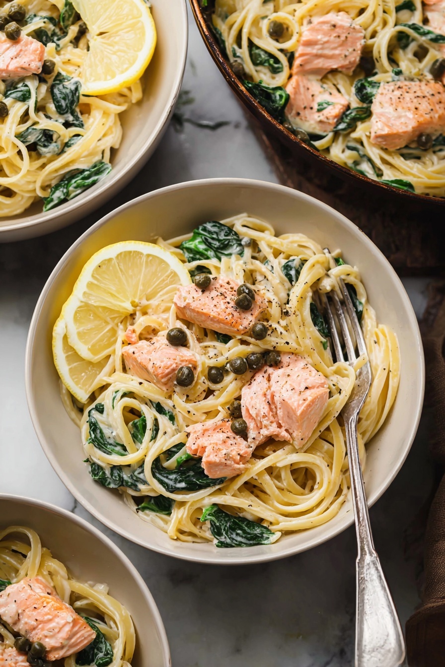 Creamy Salmon Pasta, Creamy Salmon Pasta, Easy Salmon Pasta, Salmon Pasta Dinner, Quick Salmon Pasta - A white bowl holds a creamy pasta dish with three layers visible: at the bottom, long, pale yellow noodles form a tangled base; the middle layer has dark green spinach leaves mixed through the noodles; the top layer shows several pink cooked salmon chunks sprinkled with black pepper and small dark capers, accompanied by two thin lemon slices on the edge. A silver fork rests inside the bowl. This bowl is set on a white marbled surface, with parts of two other bowls with the same dish seen in the background. Photo taken with an iphone --ar 2:3 --v 7