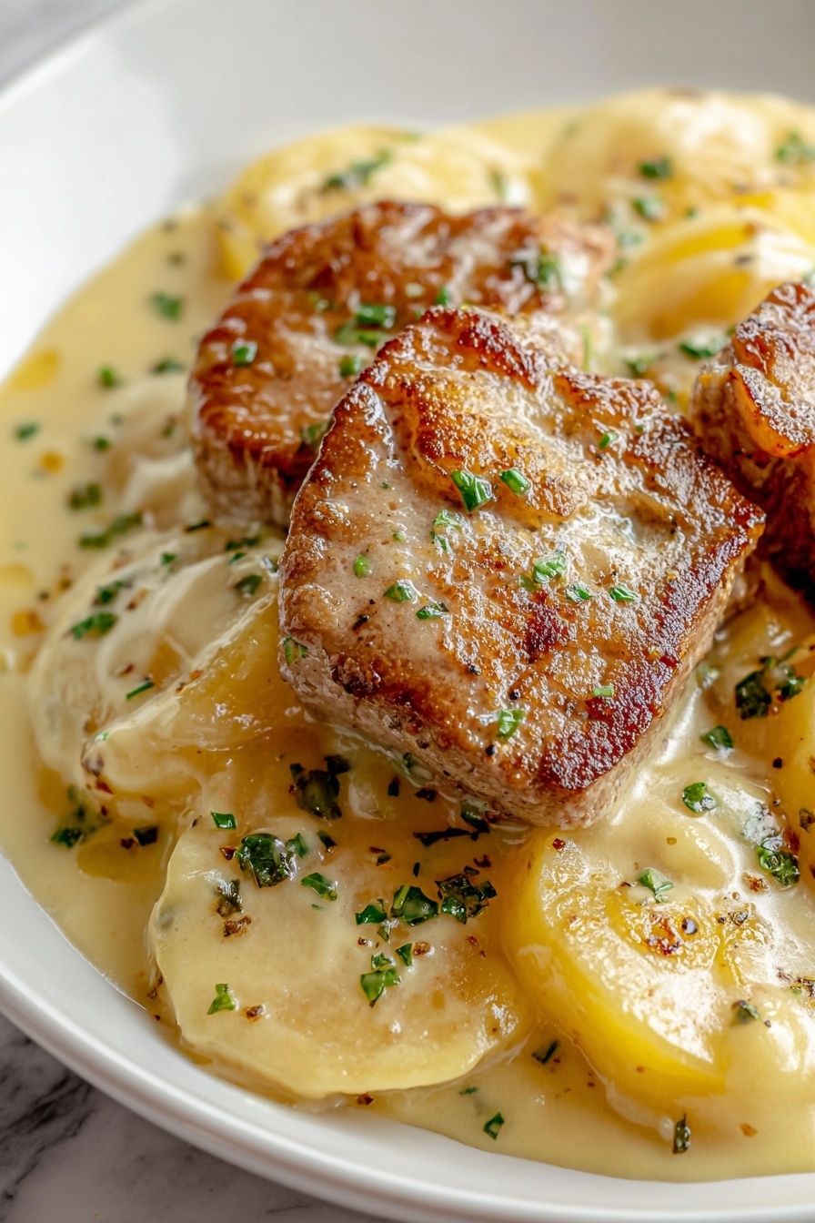 Smothered Pork Chop and Potato Casserole, hearty pork chop casserole, cheesy pork and potato bake, comfort food pork dish, easy pork chop casserole - The dish shows two pieces of brown, seared pork placed on top of a creamy, light yellow sauce that covers thin, round slices of potatoes. The sauce looks rich and smooth, spreading across the white plate with a slight shine. The pork and potatoes are sprinkled with small green herb pieces, adding a fresh touch. The pork has a slightly crispy and browned surface with visible seasoning. The white plate sits on a white marbled surface. photo taken with an iphone --ar 2:3 --v 7