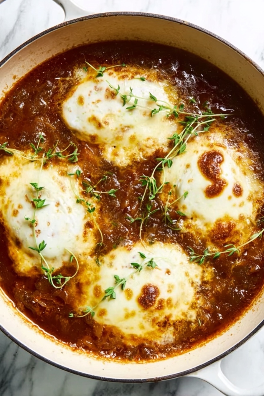 French Onion Chicken Bake, French Onion Chicken, baked chicken with onions, cheesy chicken bake, comforting chicken dinner - A close-up view of a round, white enamel pan filled with a rich brown sauce topped with four large, uneven oval pieces of melted cheese that have light brown spots where they are toasted. Small green herb sprigs are scattered gently on the cheese and sauce, adding a fresh touch. The sauce has a thick texture with visible chunks, giving the dish a hearty look. The pan sits on a white marbled surface. Photo taken with an iphone --ar 2:3 --v 7